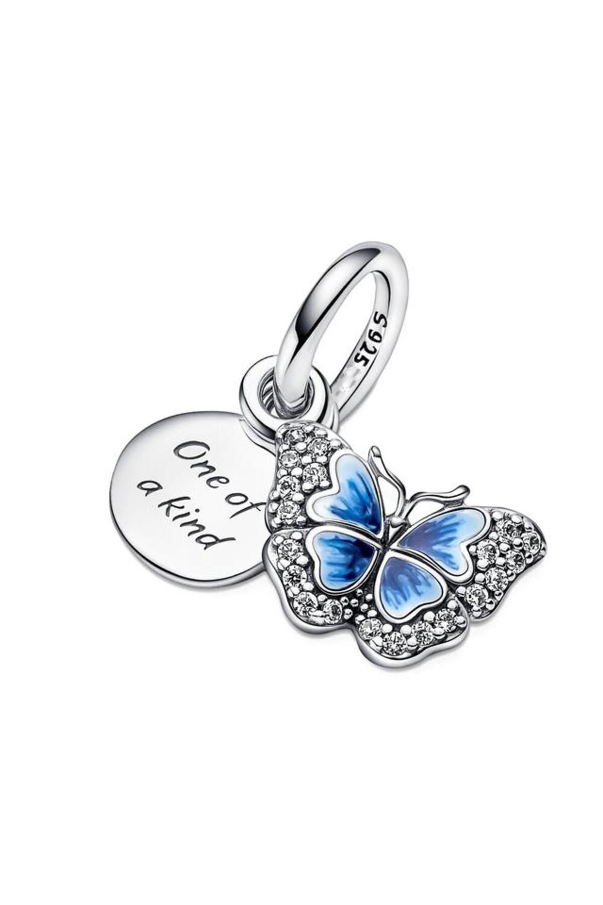 KUMİ 925 Ayar Gümüş Mavi Kelebek Ve Yazılı Çift Sallantılı Bileklik Uyumlu Charm