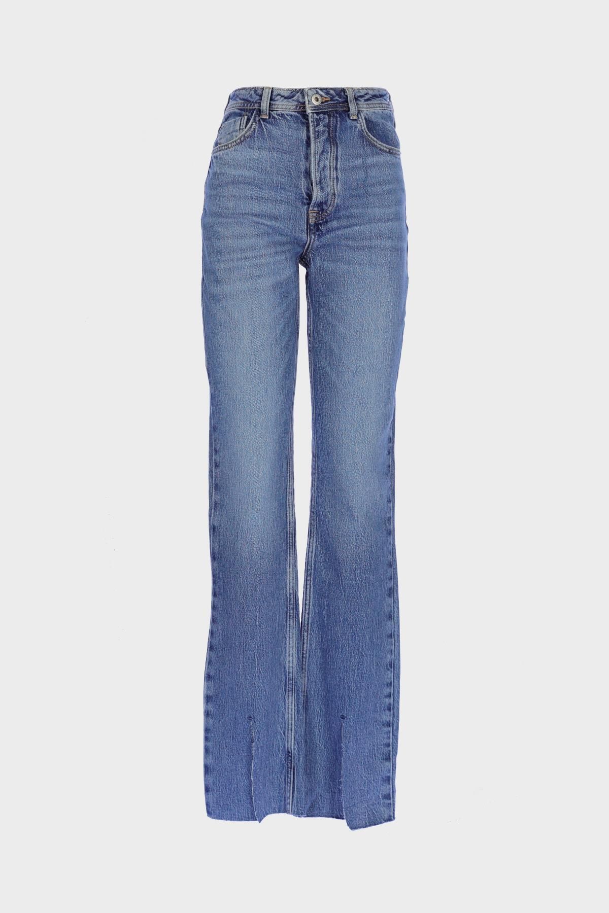 CROSS JEANS Orta Mavi Slim Straight Paçası Yırtmaçlı Patı Fermuarlı Jean Pantolon C 4556-021