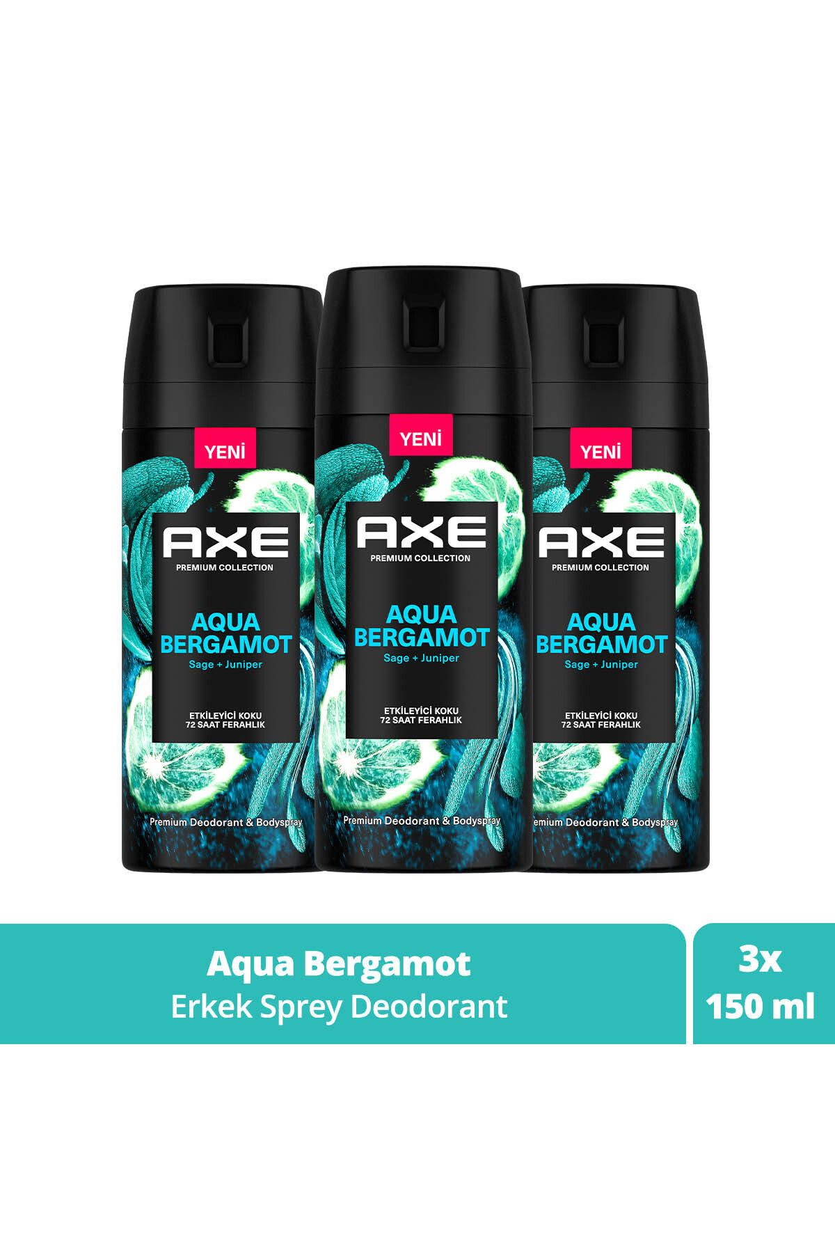Axe Premium Collection Erkek Sprey Deodorant Aqua Bergamot 72 Saat Ferahlık 150 ml X3