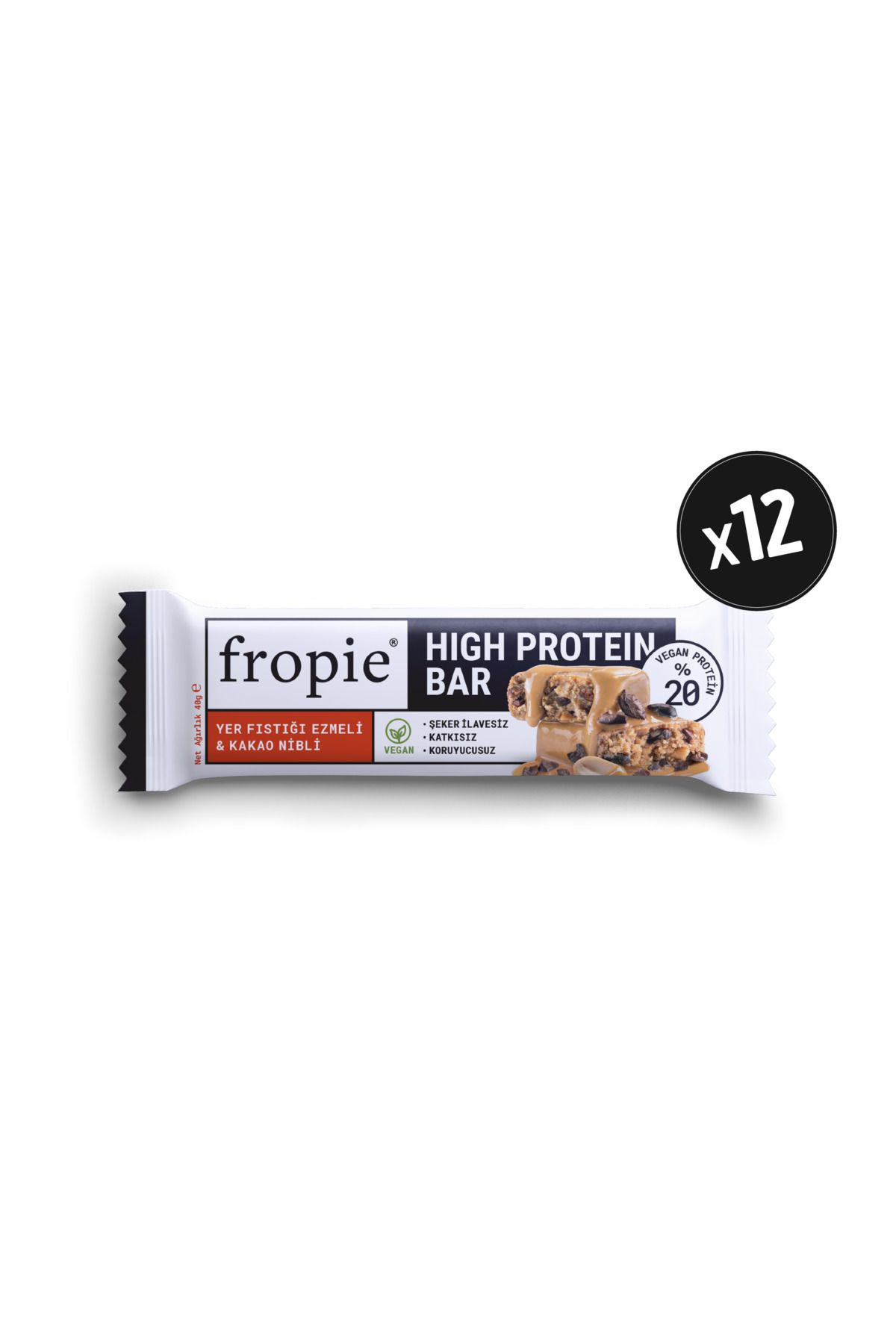 FROPİE Vegan High Protein Bar - Yer Fıstığı Ezmeli & Kakao Nibli 40gr x12
