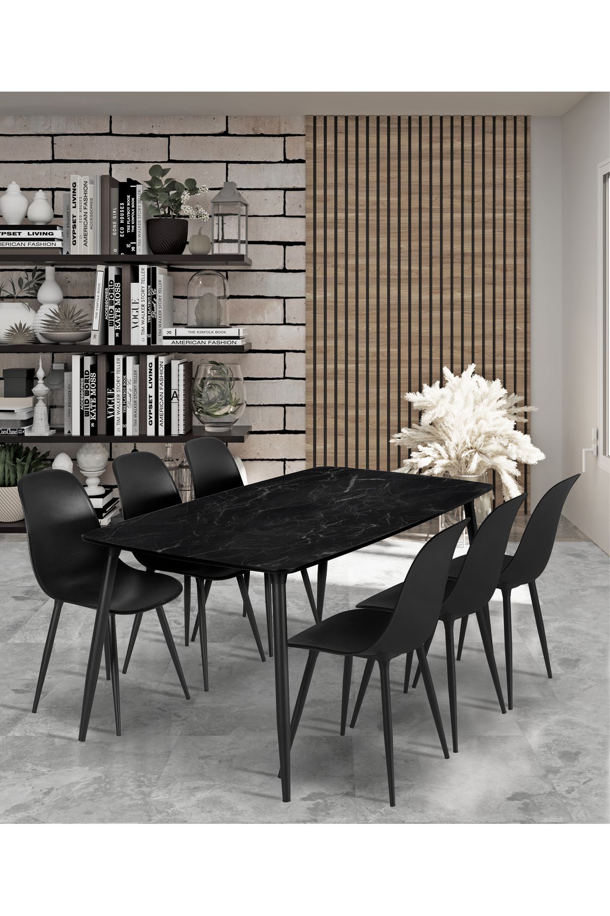 Estelia Yemek Masası Mutfak Masası 90x167 Cm Metal Ayaklı Siyah Masa, 6 Adet Abant Metal Ayaklı Sandalye