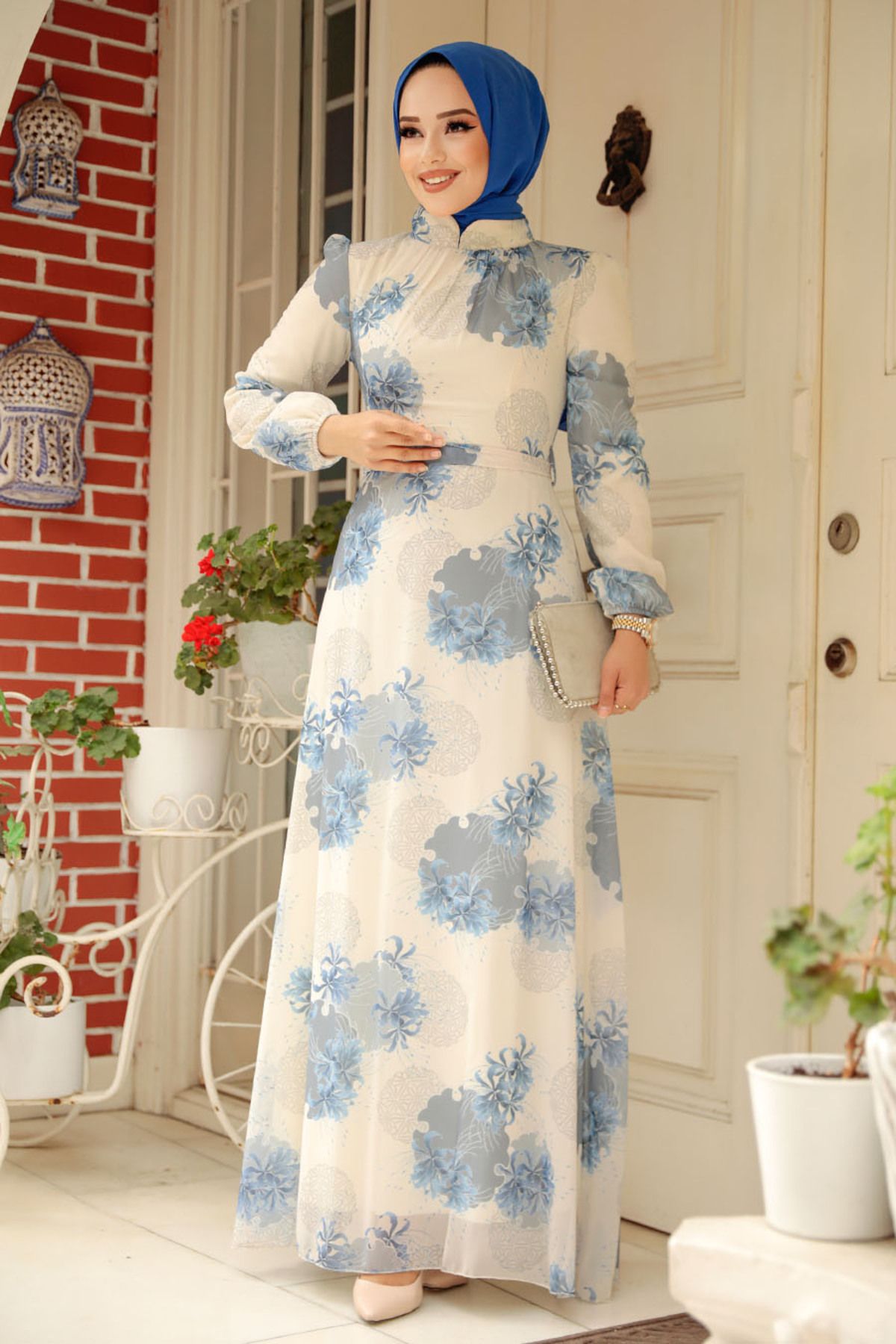 Neva Style - Çiçek Desenli Mavi Tesettür Elbise 279323m