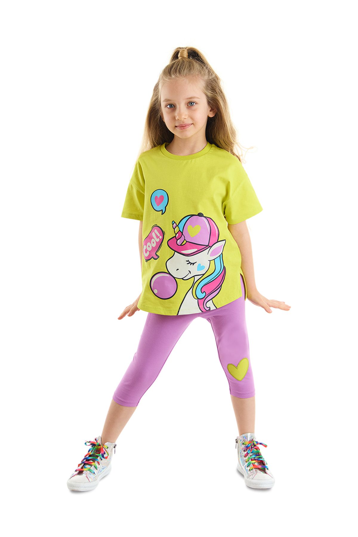 Denokids Cool Unicorn Kız Çocuk T-shirt Lila Tayt Takım