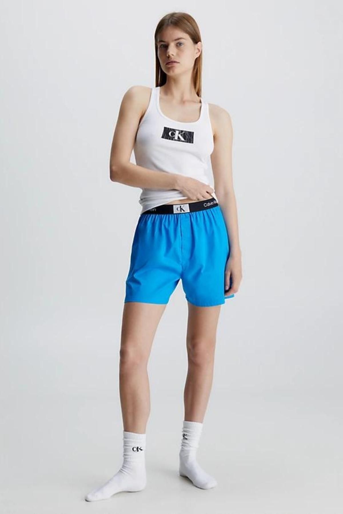 Calvin Klein Kadın Marka Logolu Elastik Bantlı Organik Pamuklu Pijama Seti Beyaz-mavi Eşofman Takımı 000qs6937e-