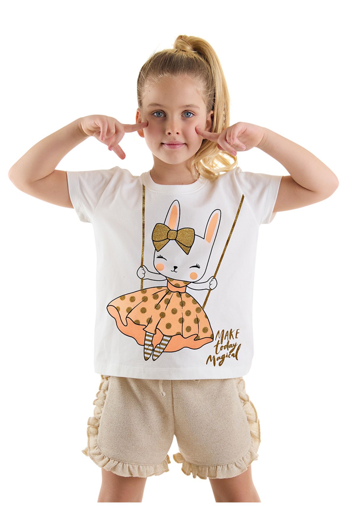 Denokids Mutlu Tavşan Kız Çocuk T-shirt Simli Şort Takım