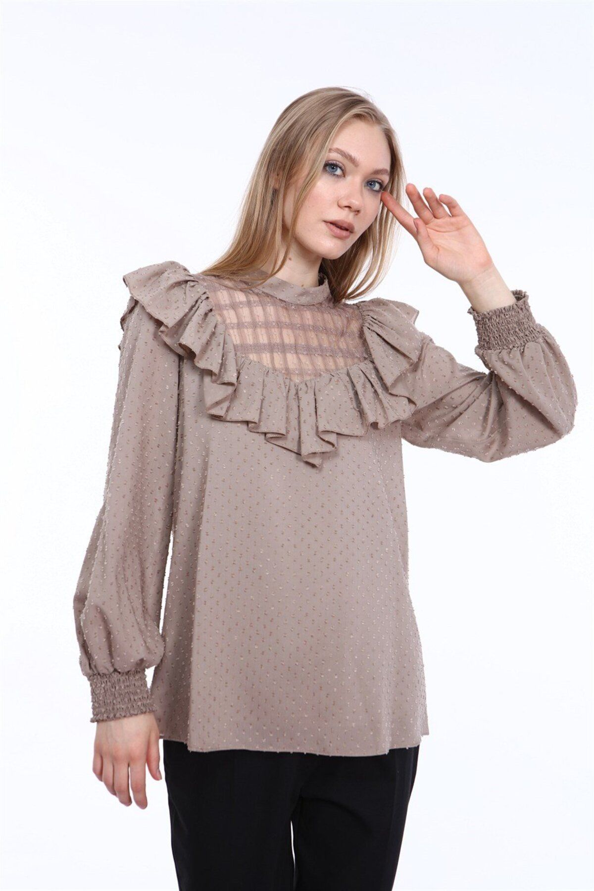 Moda İlgi Ftz Women Kadın Kesme Kumaş Organze Karışım Bluz Beige 21-8167
