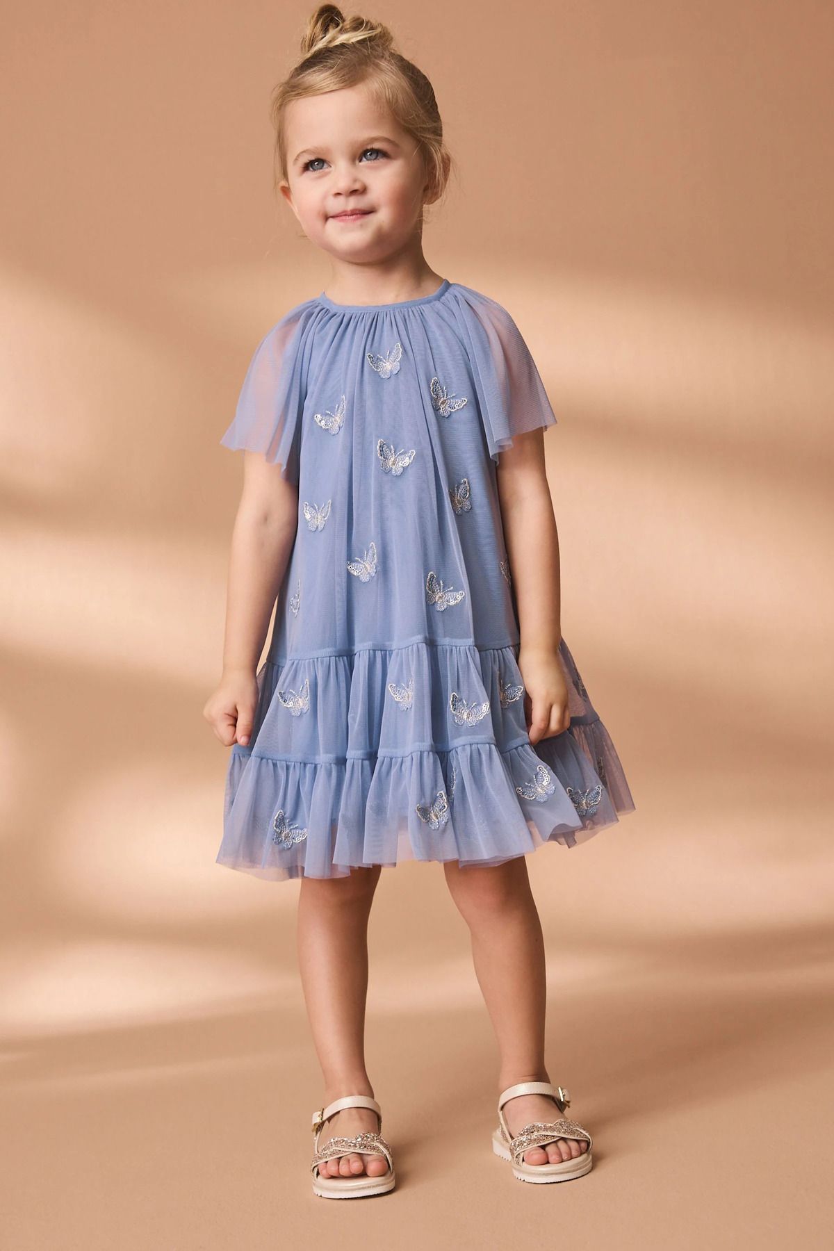 Next Baby mavi rengi Kelebek  nakışlı file  parti Elbise Özel Gün Elbisesi