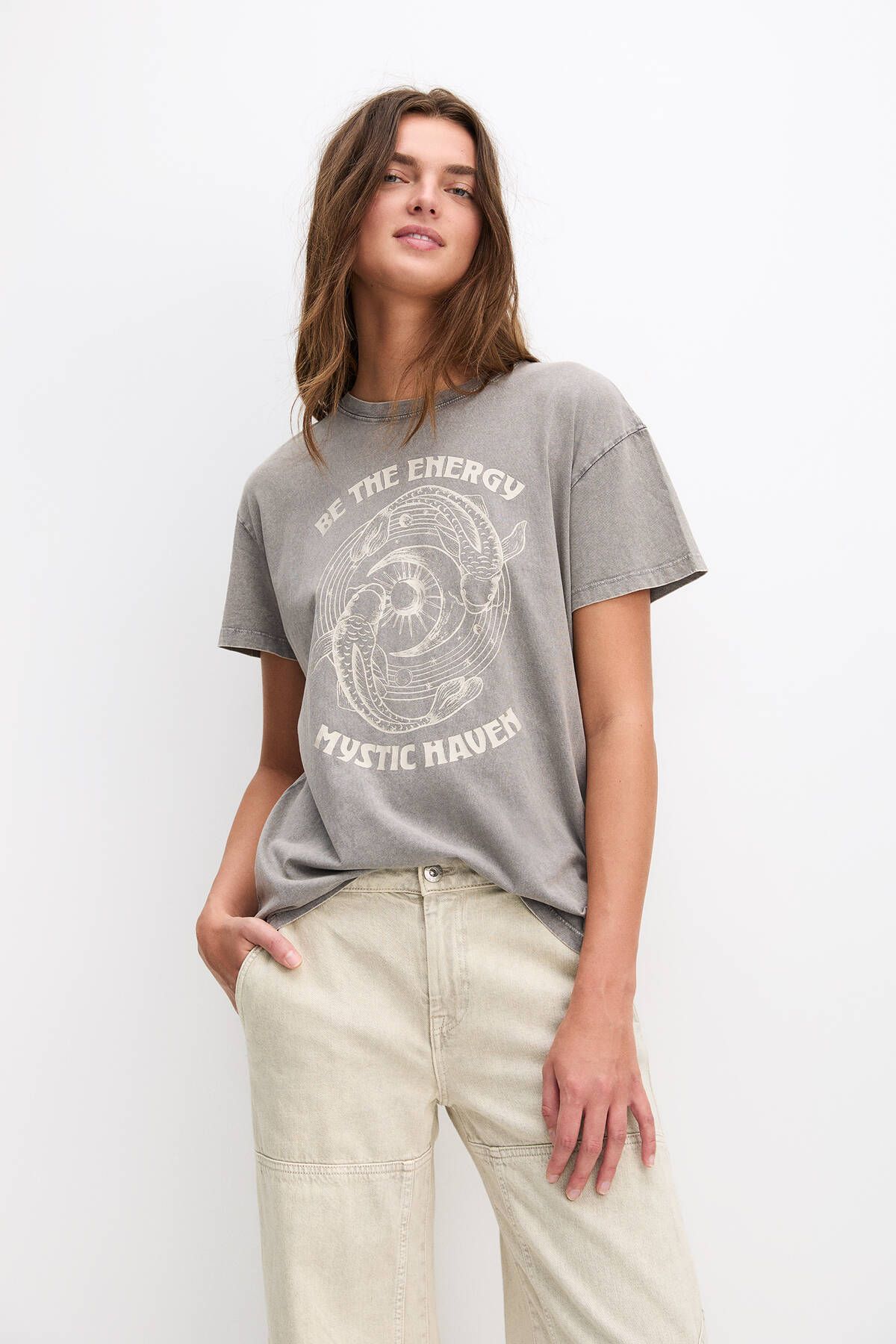 Pull & Bear Kısa kollu kuğu baskılı t-shirt