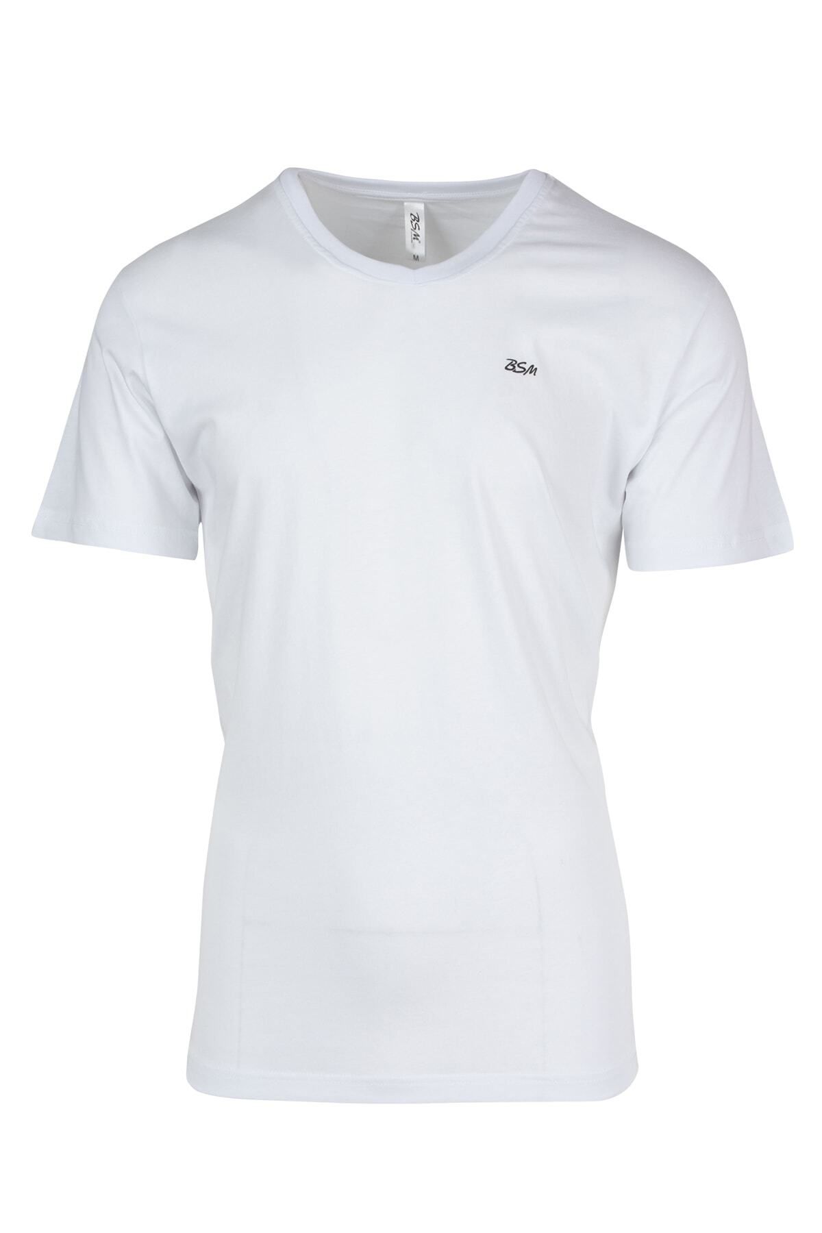 BSM Erkek Yüksek Kalite Sıfır Yaka Beyaz Pamuklu  T-Shirt