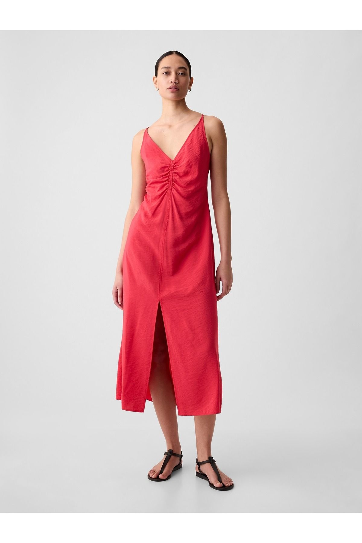 GAP Kadın Kırmızı Yırtmaçlı Askılı Midi Elbise