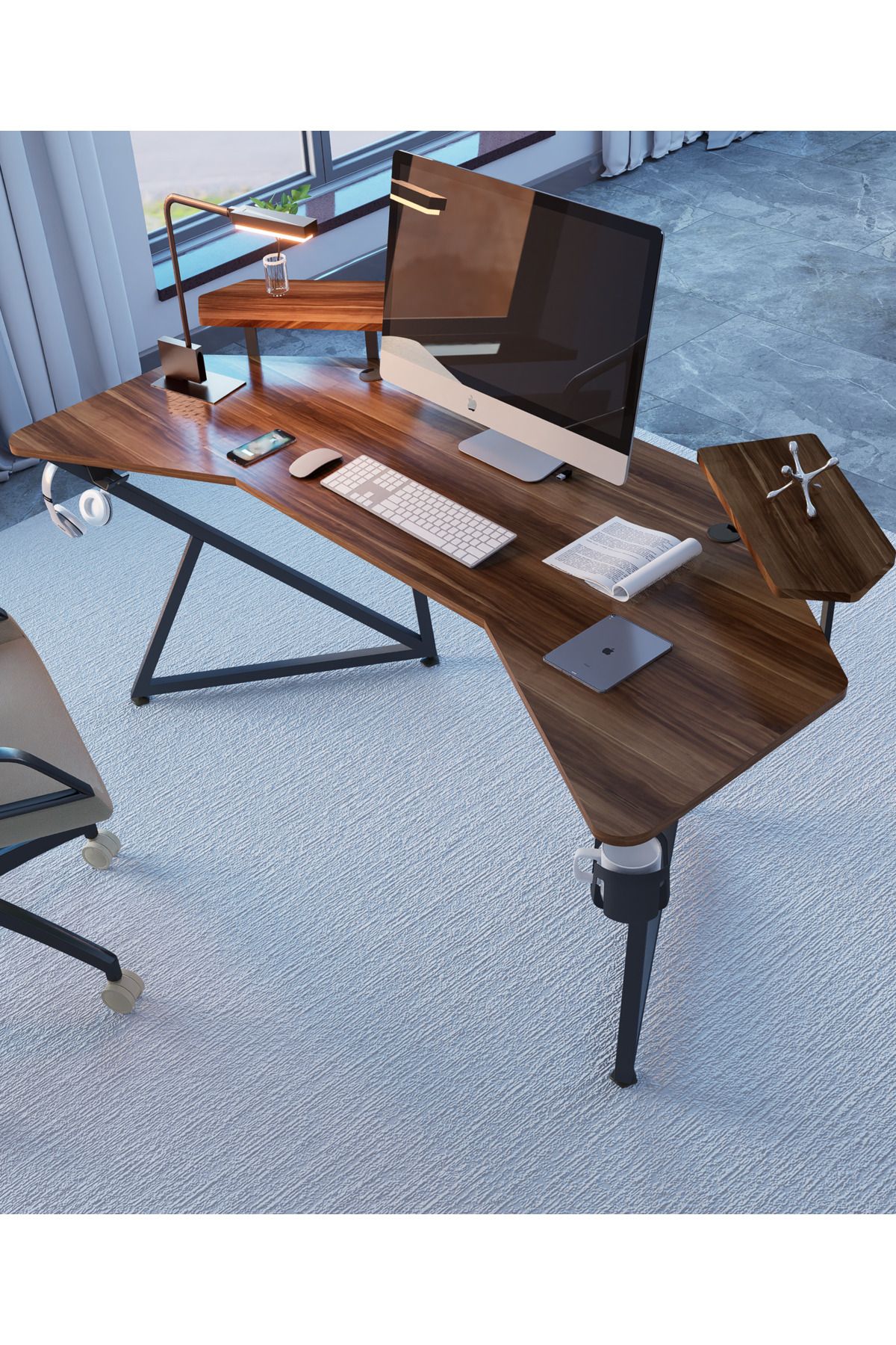 Michael Brean Özel Tasarım Kanatlı Ofis Yönetici Masası 160 Cm Rgb Işıklı Mouse Pad Bardaklık Ve Kulaklık Tutucu