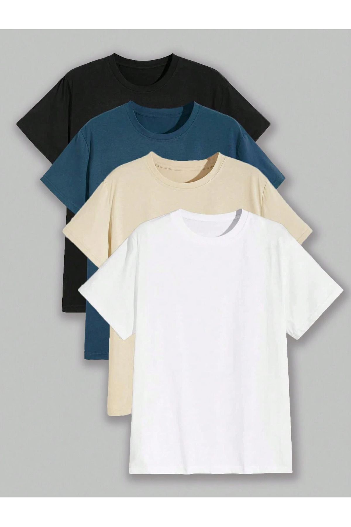 Richarlison Erkek Siyah Bej Lacivert Beyaz 4'lü Paket Basic Slimfit T-shirt