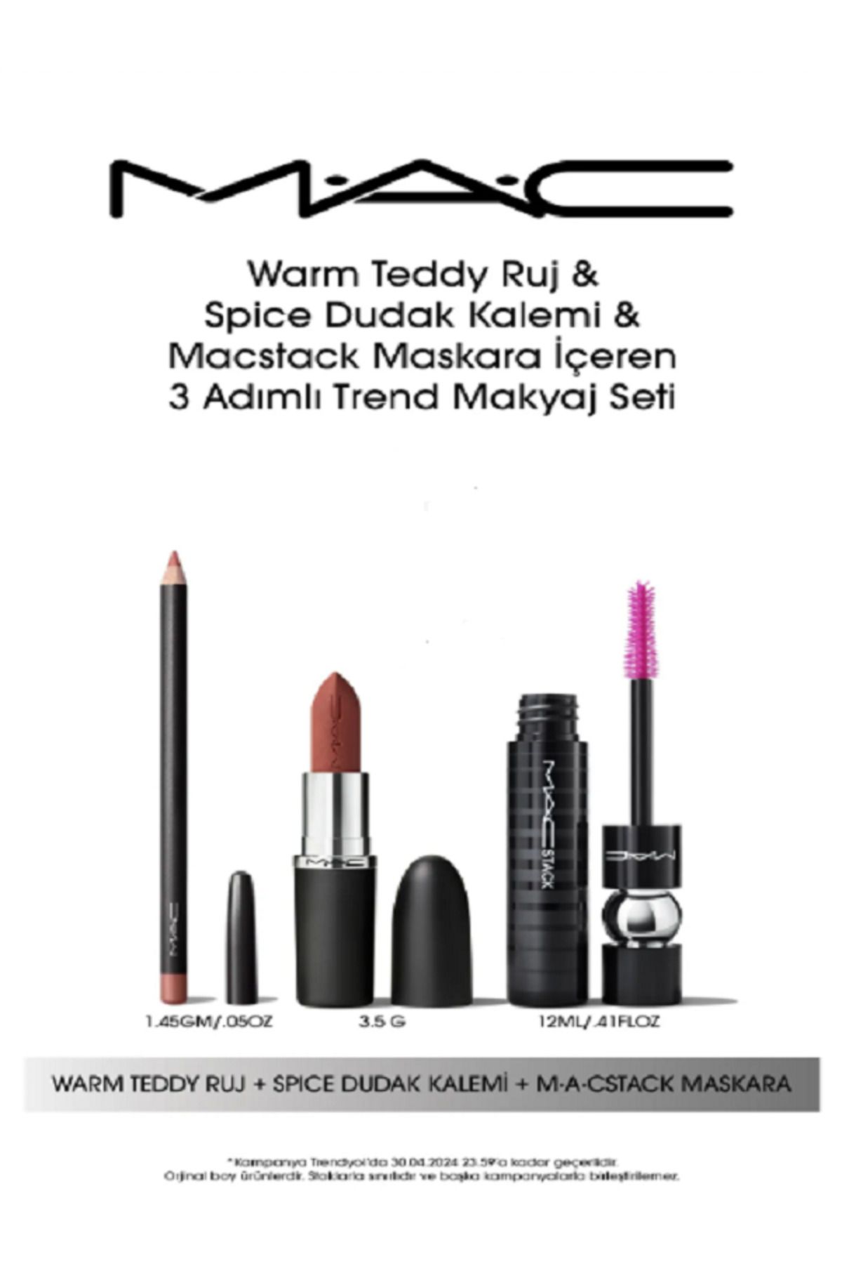 Mac 3 Adımlı Trend Makyaj Seti / Warm Teddy Ruj & Spice Dudak Kalemi & Macstack Maskara