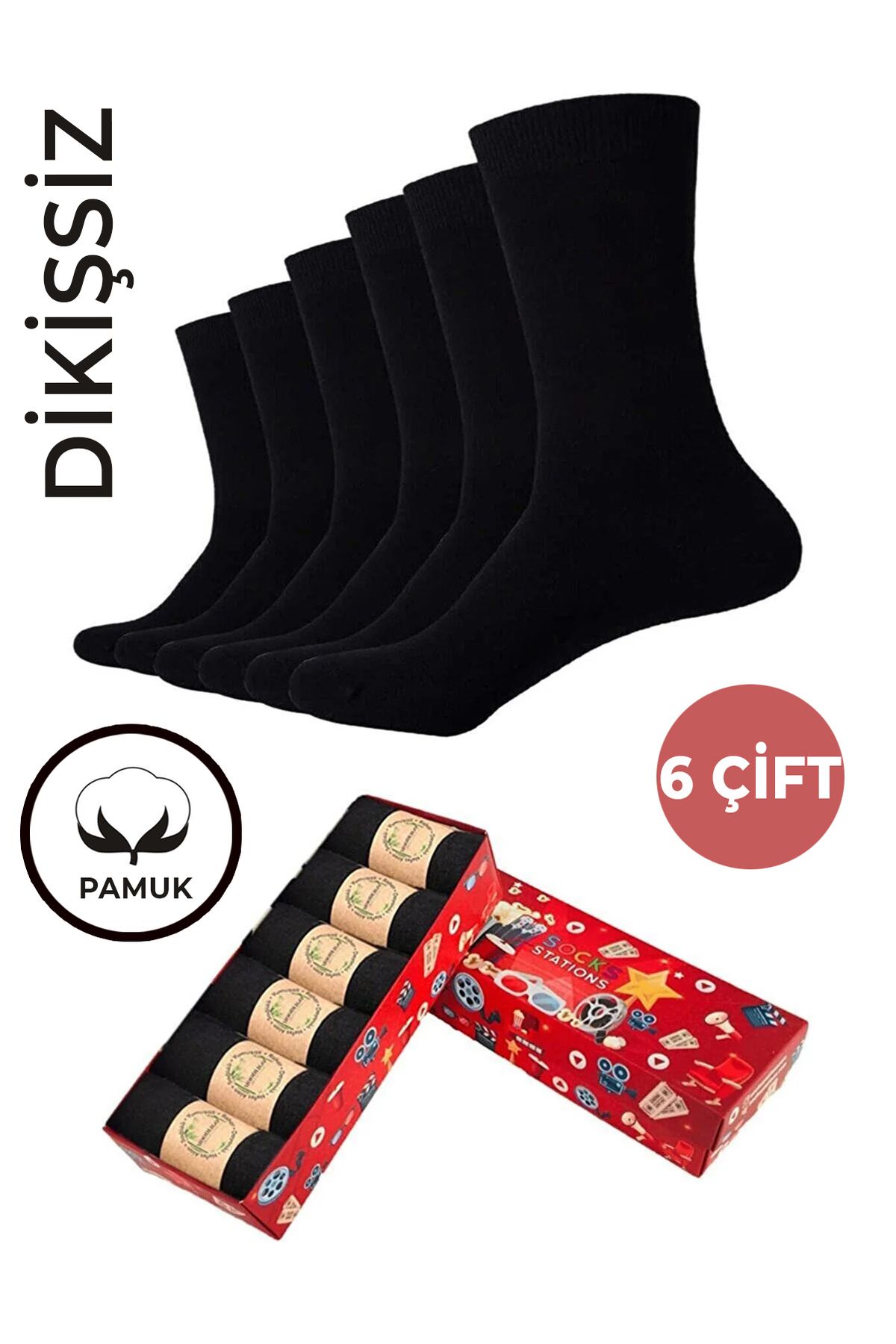 Socks Stations Ünisex Siyah Renkli Pamuklu Soket Çorap Kutusu 6'lı Çorap Seti
