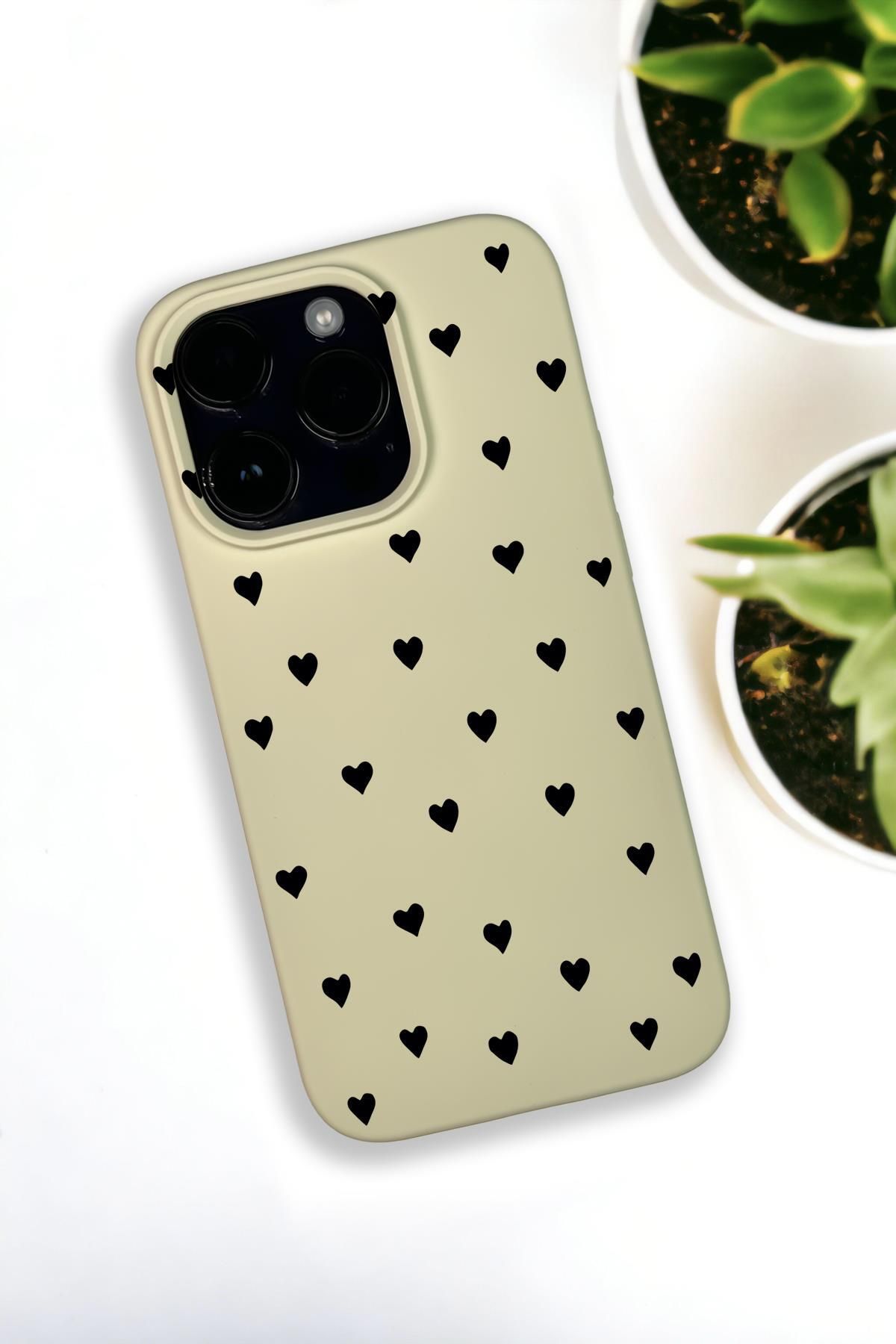 mooodcase iPhone 14 Pro Max Uyumlu Siyah Kalpler Desenli Premium Silikonlu Krem Lansman Telefon Kılıfı