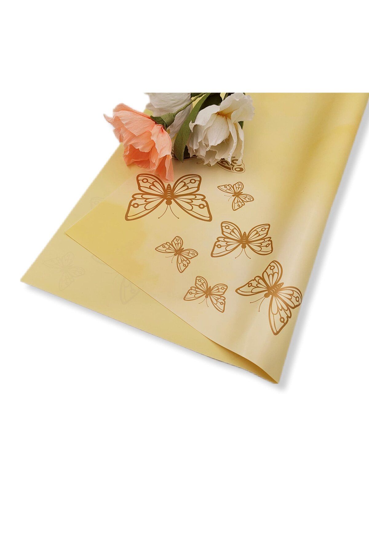 roco paper Çiçek Ambalaj Kağıdı - Koyu Krem - Altın Kelebekli - 5 Adet - Mat OPP 58x58 cm