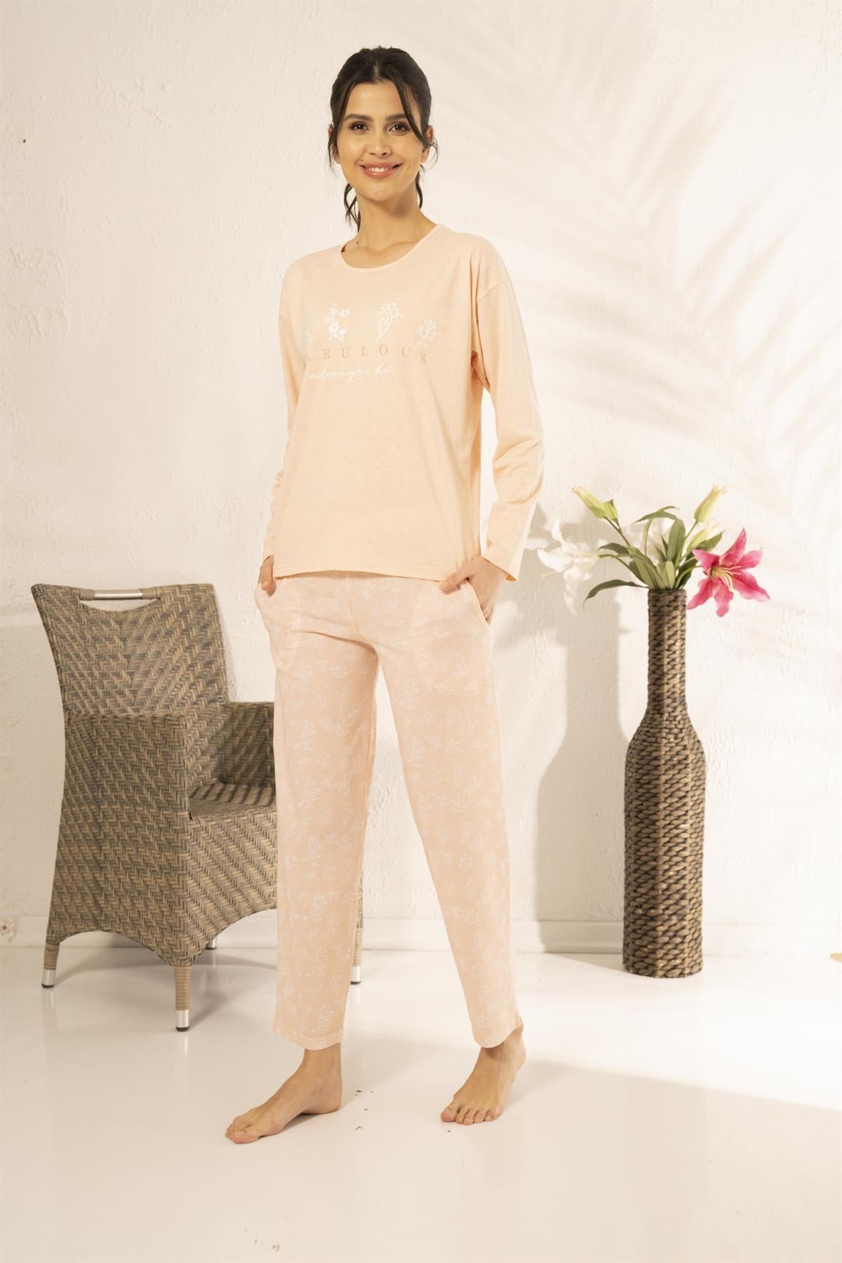 Estiva 23115 Kadın Desenli Uzun Kollu Yazlık Penye Pijama Takımı