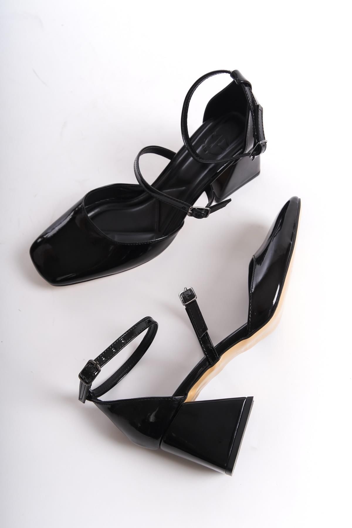 Modabuymus Sigva Mary Jane Yazlık Siyah Rugan Kalın Topuklu Bantlı Ayakkabı