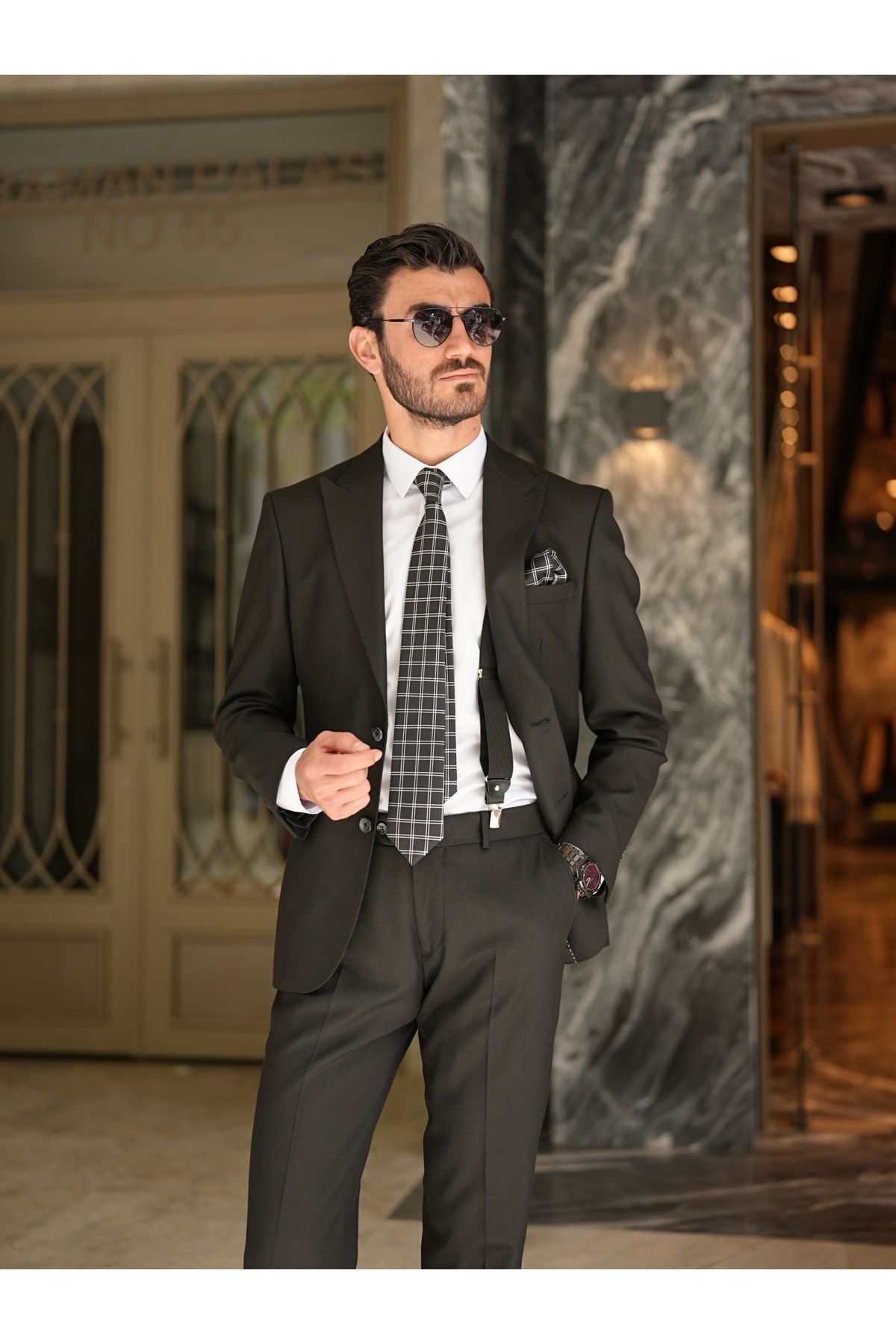 LONATOLİA Premium Erkek Slim Fit İtalyan Stil Punto Dikişli Yarım Astarlı Takım Elbise Ceket Pantolon-Siyah