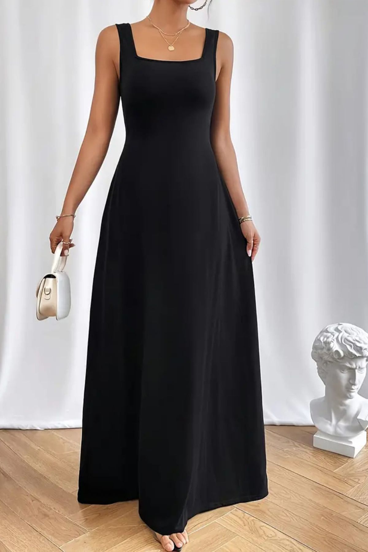 missamour Kadın Siyah Trend U Yaka Uzun Askılı Elbise