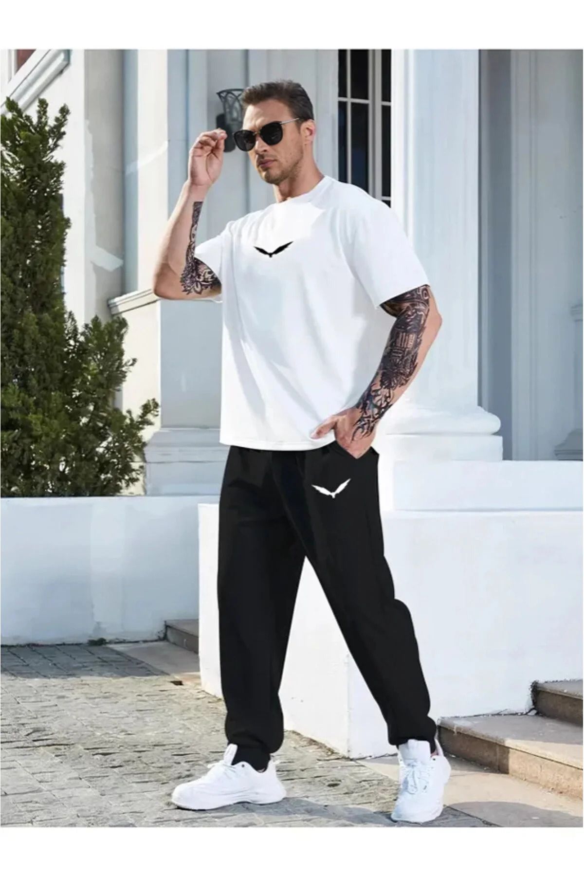 lona fashion Beyaz T-shirt Siyah Eşofman Altı Jogger- Baskılı Alt Üst Eşofman Takım Oversize Bisiklet Yaka