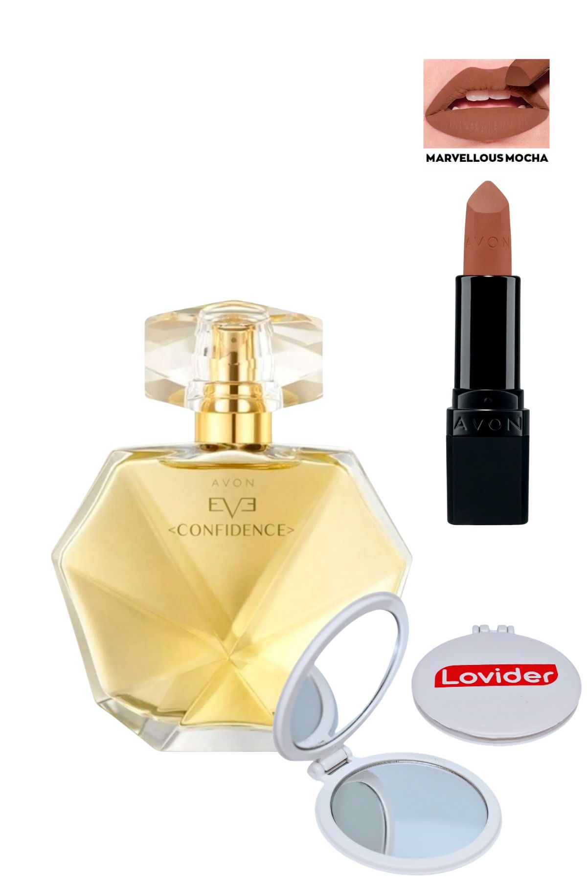 Avon Eve Confidence Kadın Parfüm EDP 50ml + Marvellous Mocha Mat Ruj + Lovider Cep Aynası
