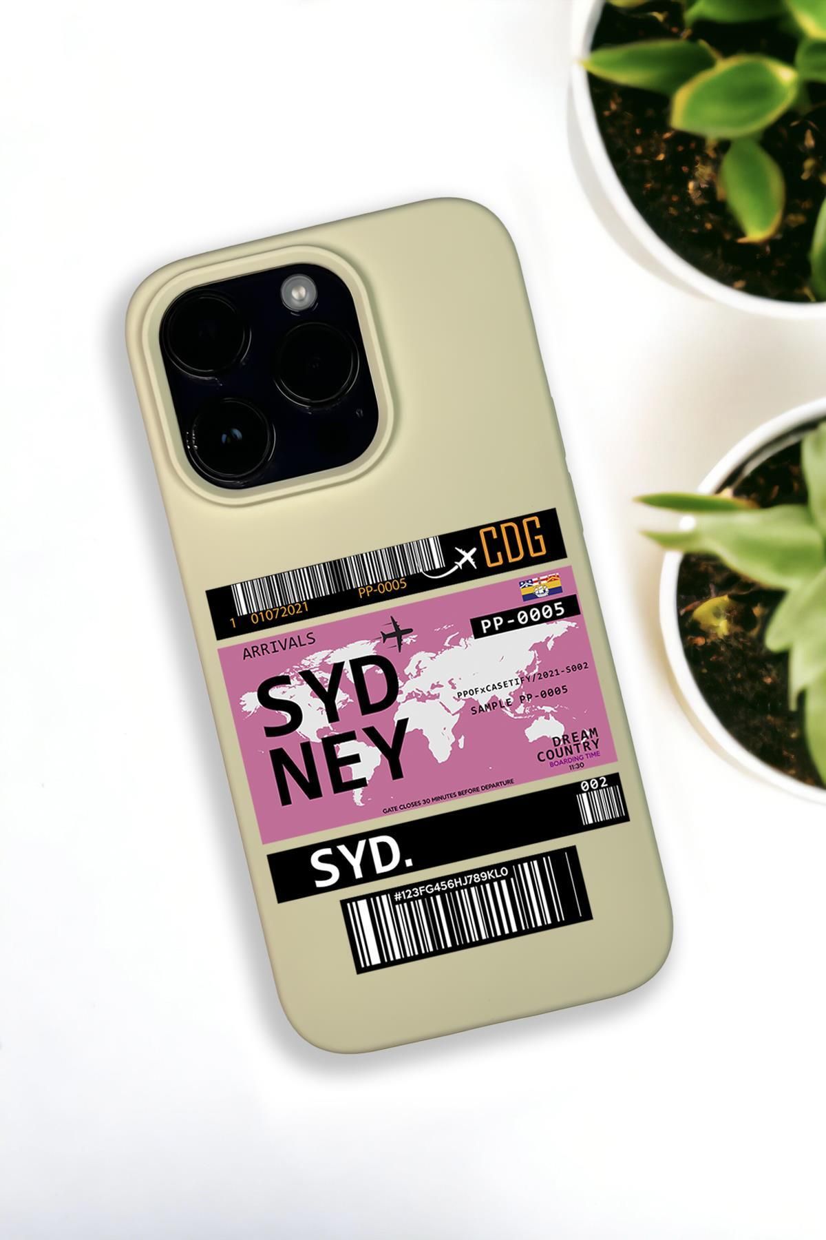 mooodcase iPhone 14 Pro Max Uyumlu Sydnet Ticket Desenli Premium Silikonlu Krem Lansman Telefon Kılıfı