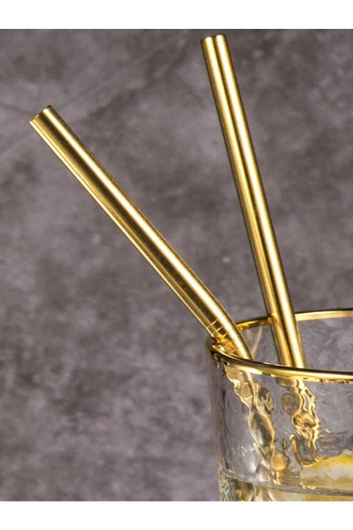MirtaButik Gold Paslanmaz Çelik Pipet 2li Set ve Temizleme Fırçası Altın Pipetler Sunum Dekor