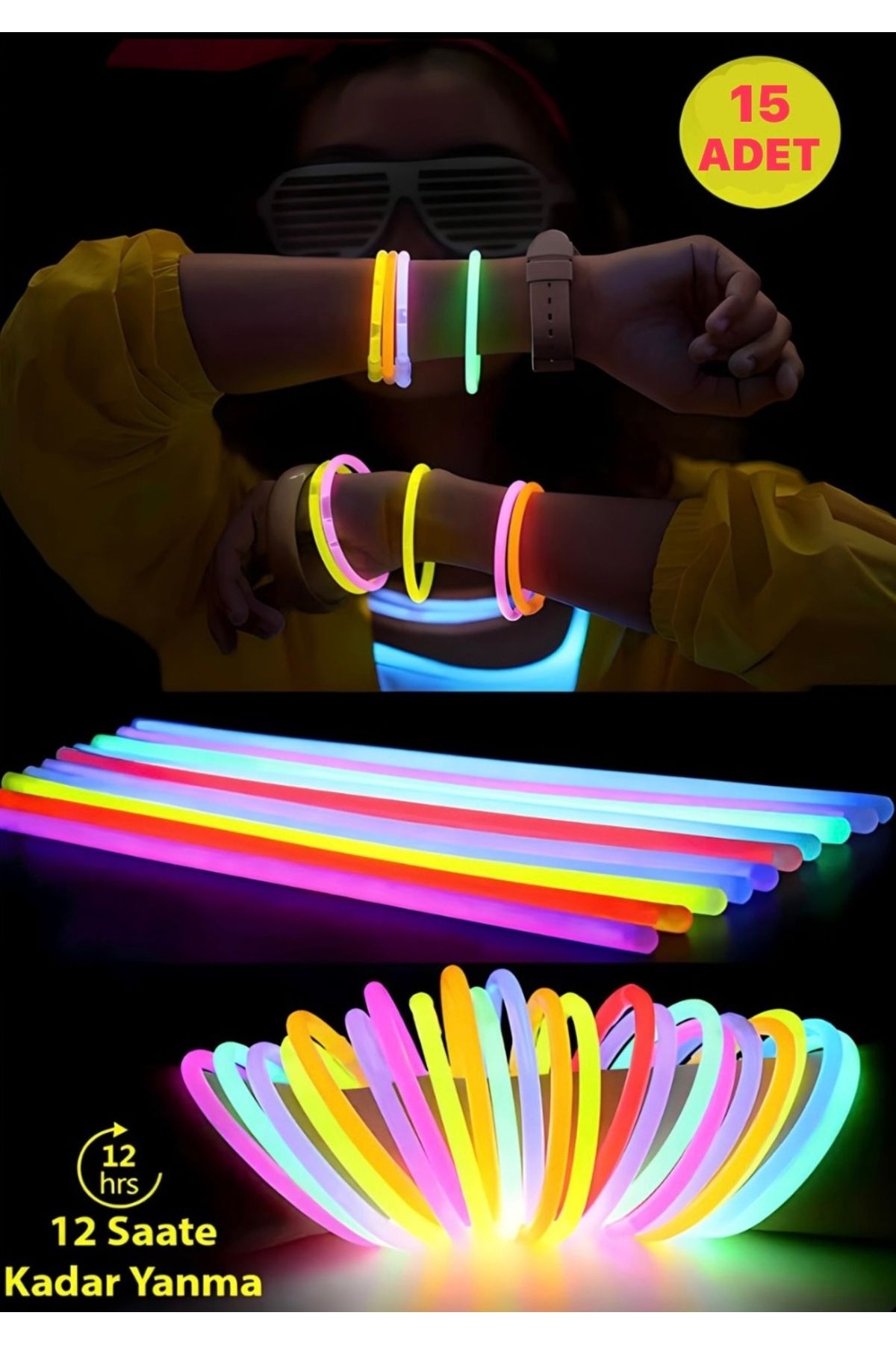Eli-Ka Home 15 ‘li Parti Konser Çocuk Etkinlikleri Için Esnek Karanlıkta Parlayn Fosforlu Glow Stick Neon Çubuk