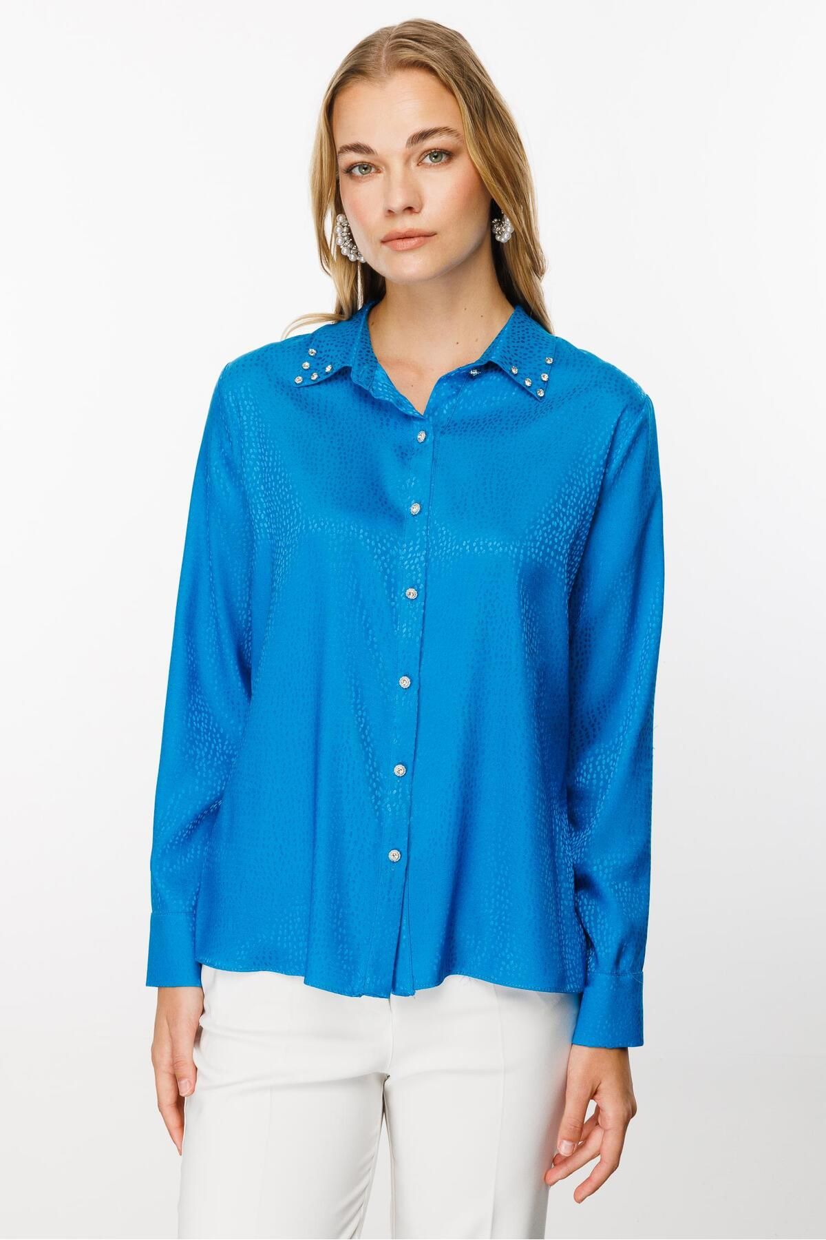 Moda İlgi Modailgi  Yakası Taşlı Puan Jakarlı Gömlek Mavi