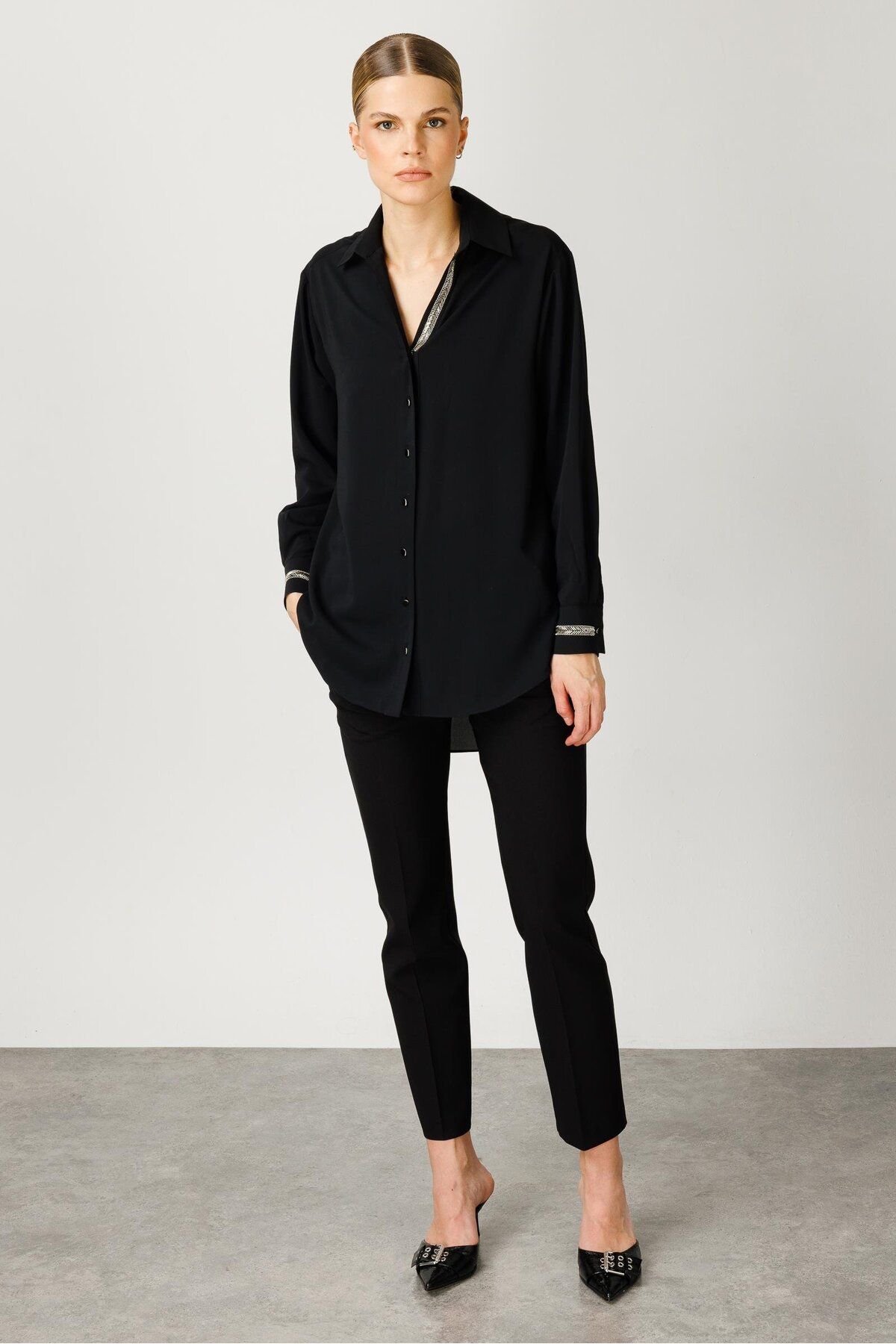 Moda İlgi Modailgi  Düşük Omuz Robalı Taş Detaylı Gömlek Siyah