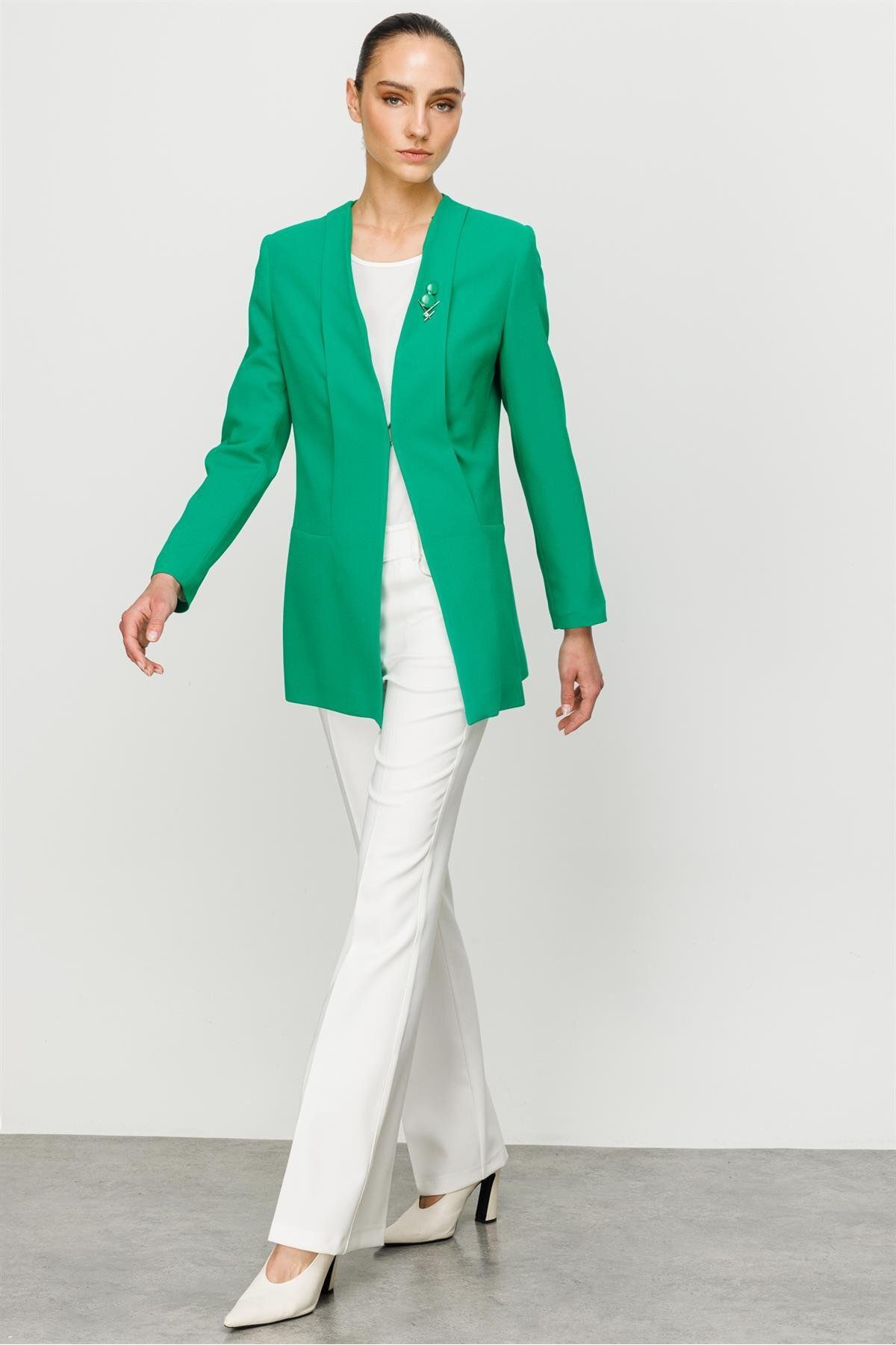 Moda İlgi Modailgi Yakası Broşlu Ceket Yeşil