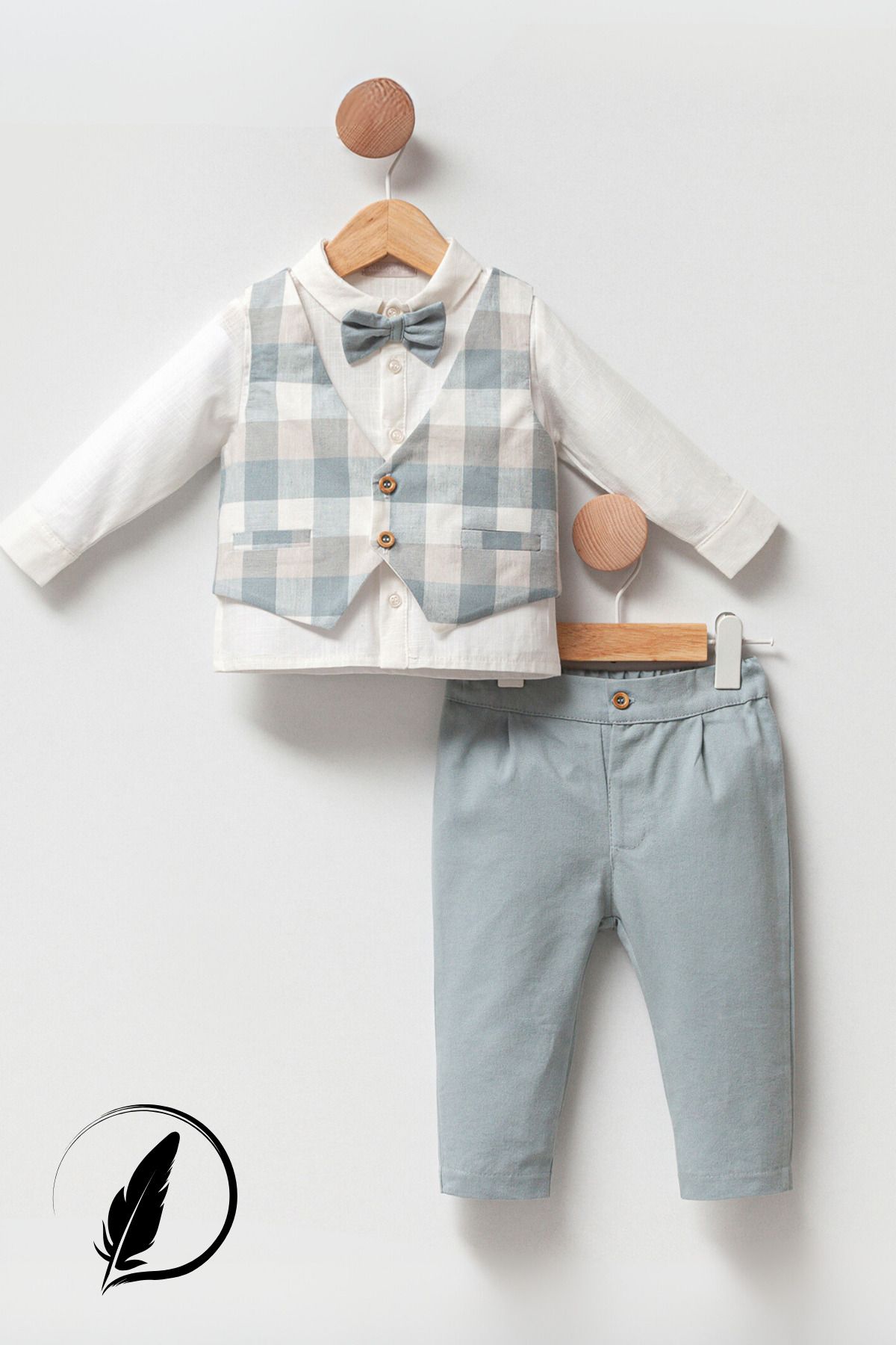 Cassiope Mini Groom Erkek Bebek 3'lü Takım Pantolon Yelek Gömlek Papyon Ekose Detaylı