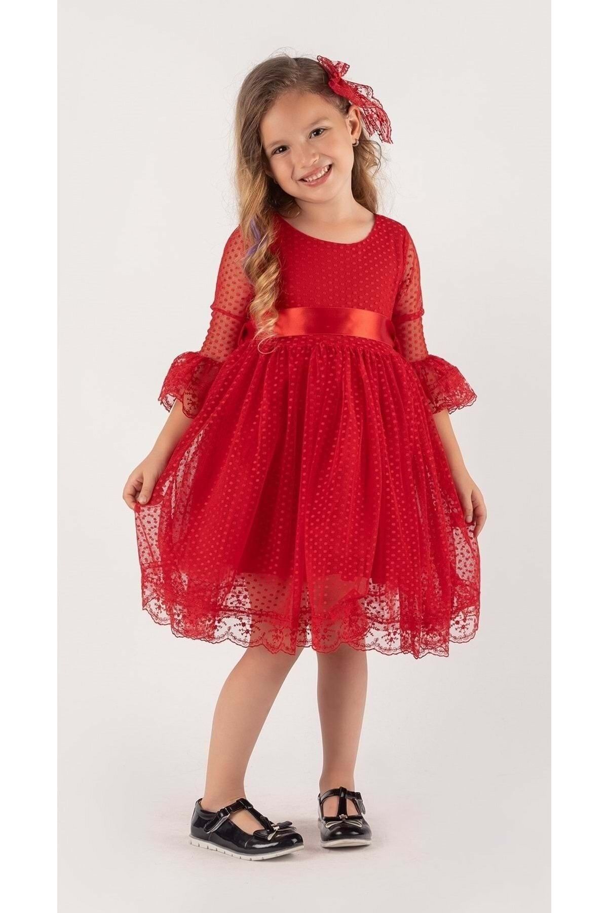 Mnk Rengarenk Fransız Dantel Tokalı Kız Çocuk Elbise Kırmızı