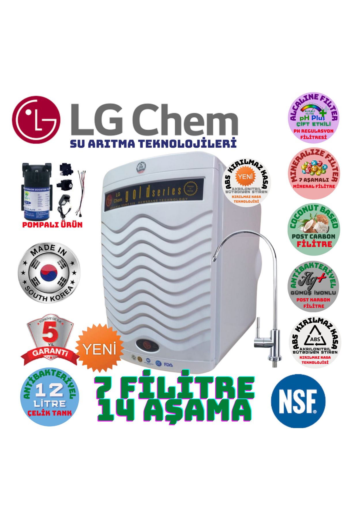 LG Chem Gold Beyaz Pompalı 12 Litrelik 14 Aşama 7 Filitre Su Arıtma Cihazı