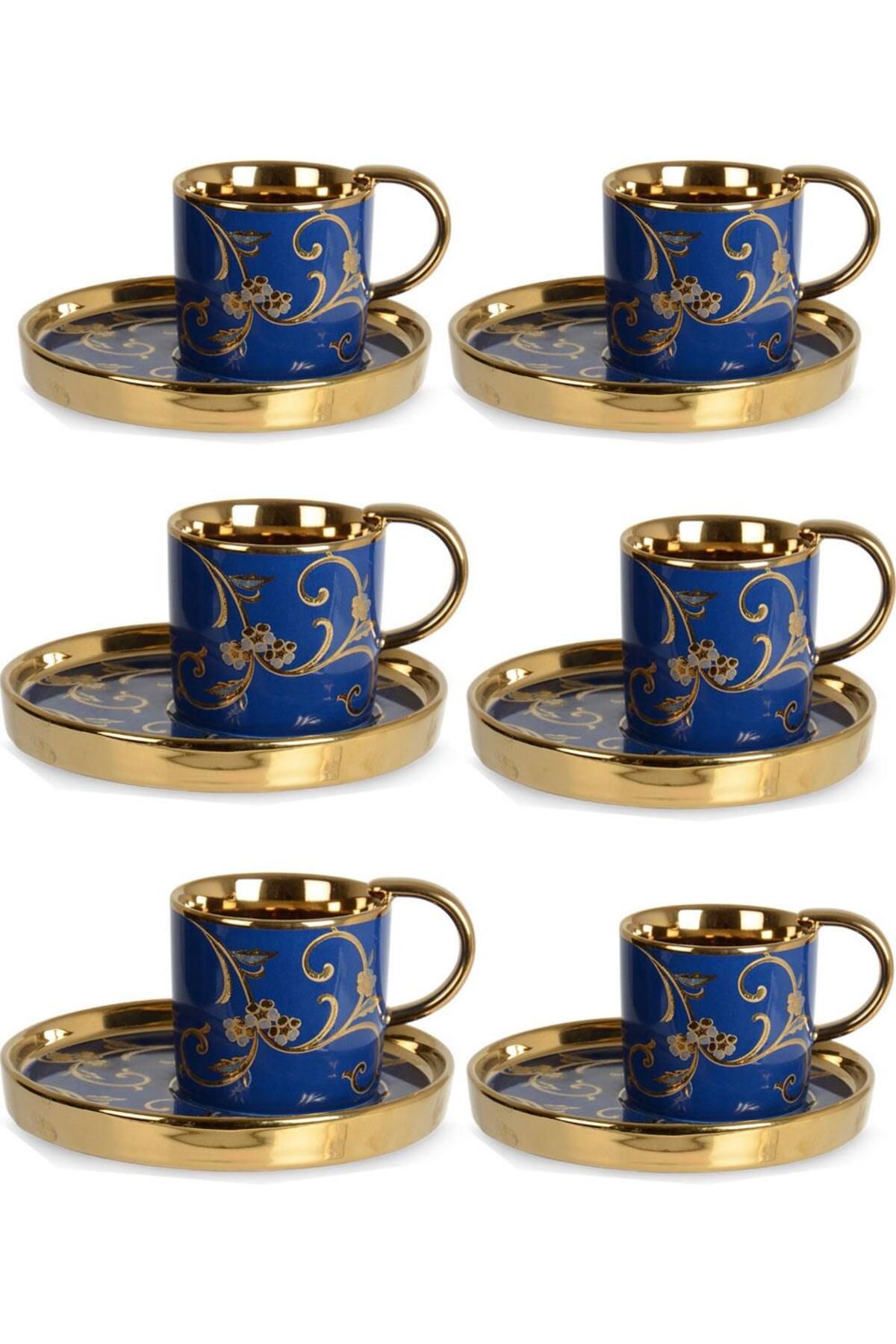 İpek Porselen Gold Detaylı Mavi 6'lı Kahve Fincan Takımı Eg24d10g-461447g P