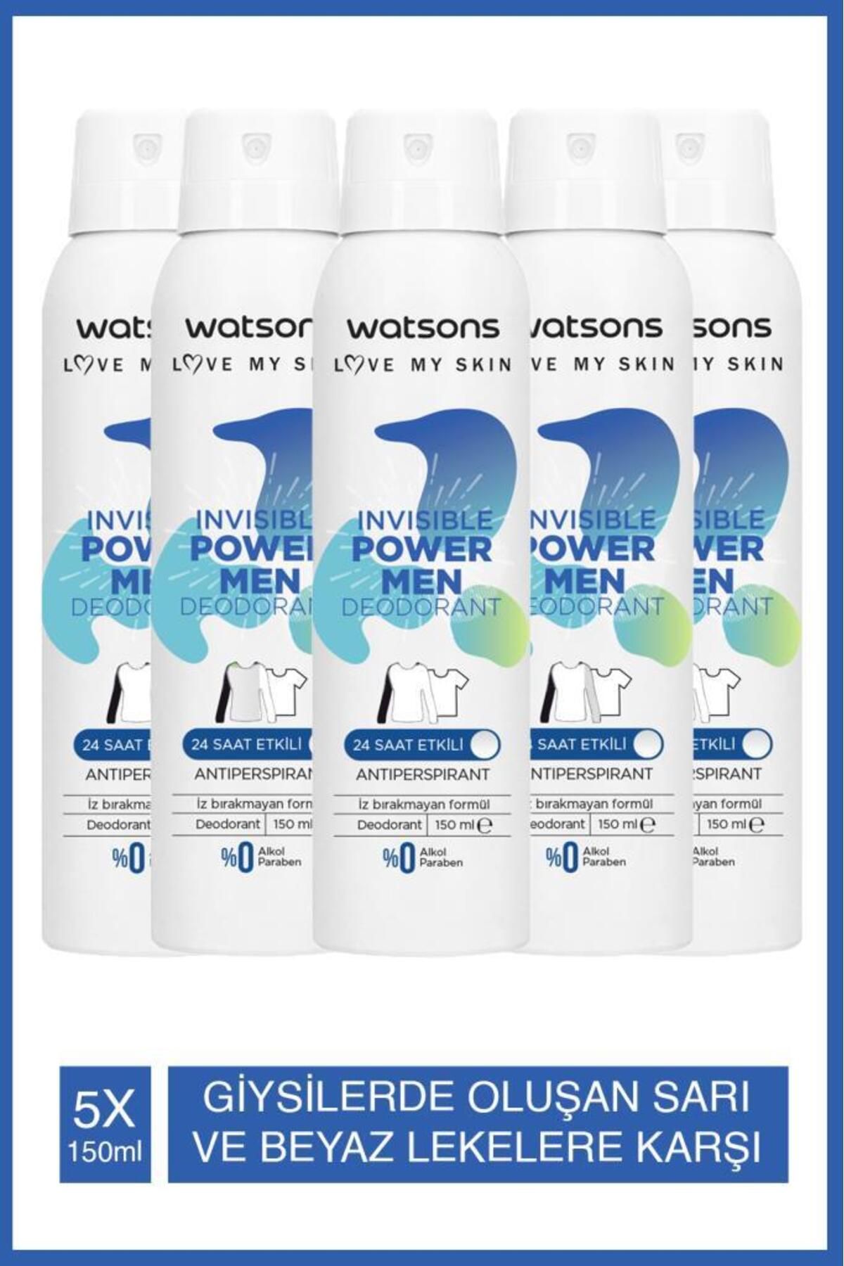 Watsons Invisible Power Men 24 Saat Etkili Deodorant 150 ml X5 Adet