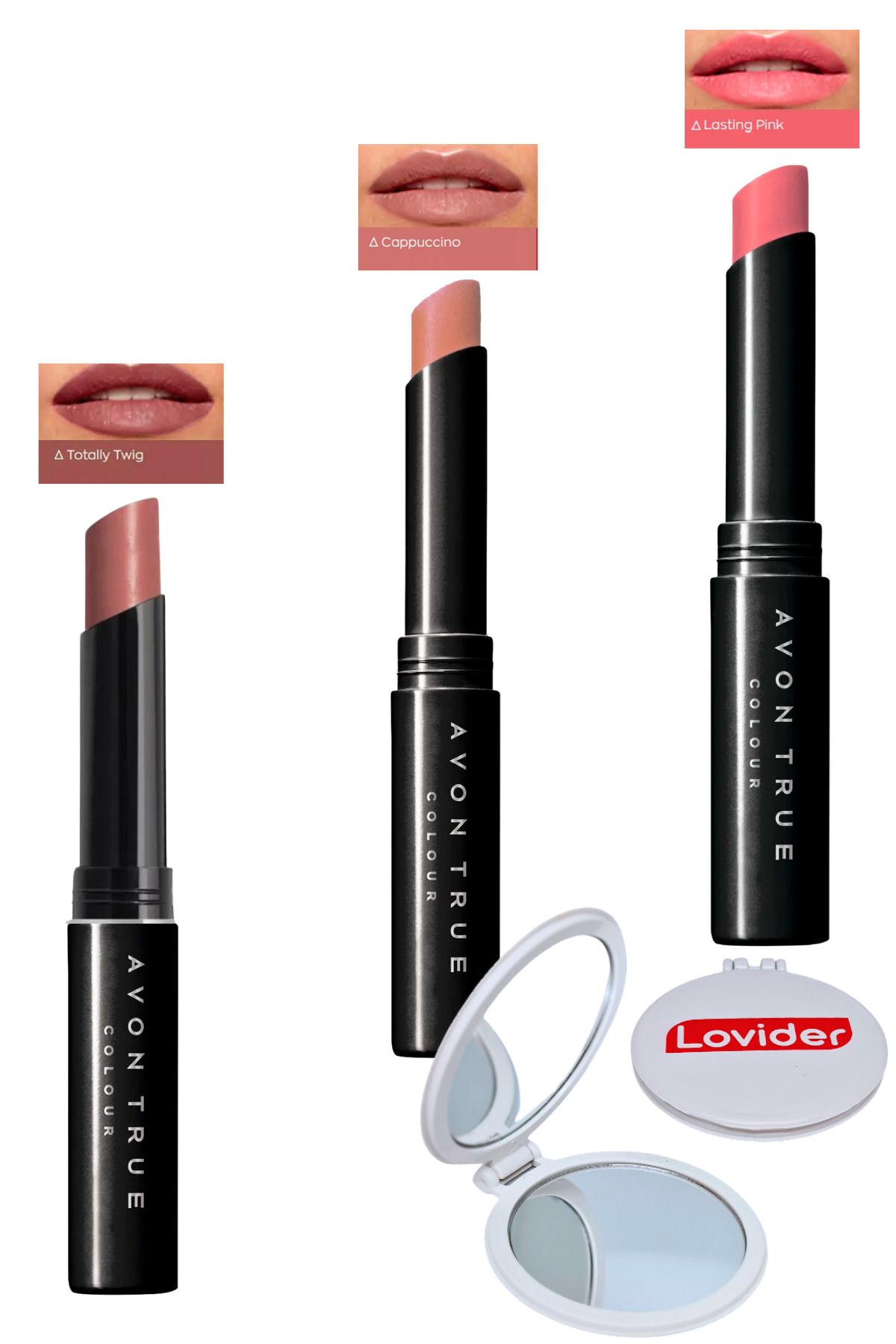 Avon Beauty 3'lü Ruj Paketi - Totally Twig + Cappuccino + Lasting Pink + Lovider Cep Aynası