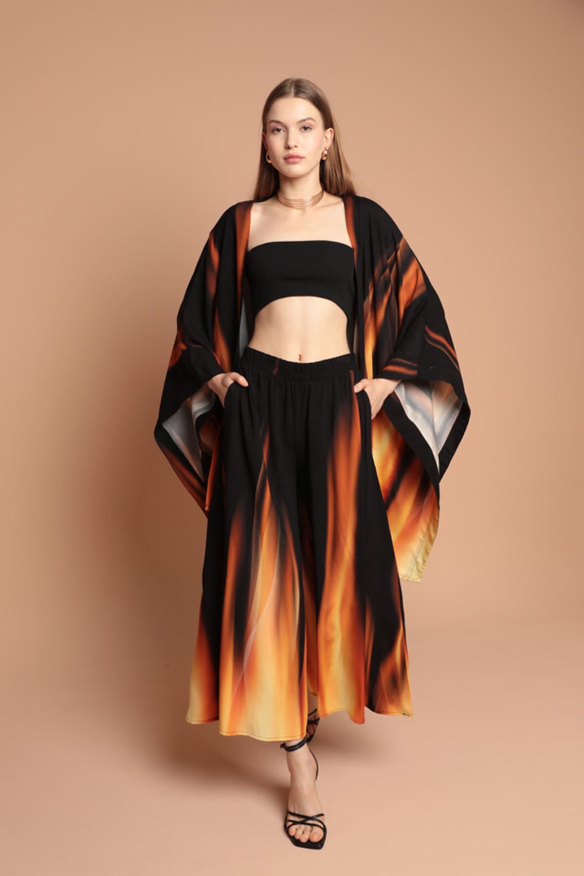 vuvutasarım Renk Geçişli Şal Yaka Viskon Kumaş Uzun Kollu  Siyah Kadın Kimono Takım