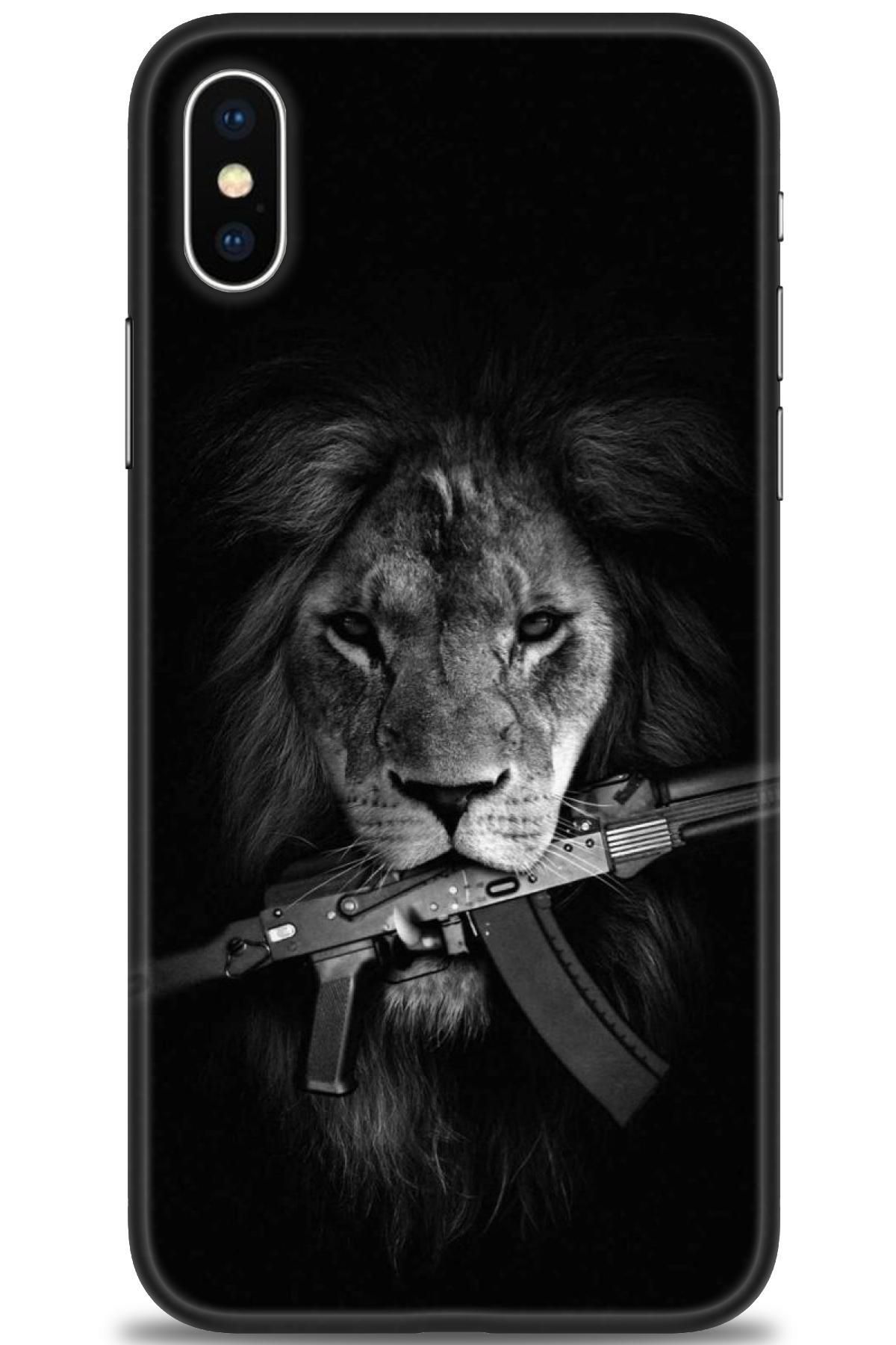 kılıfevreni iPhone XS Max Uyumlu Kılıf HD Baskılı - Tüfek ve Aslan + 9H NANO EKRAN KORUYUCU