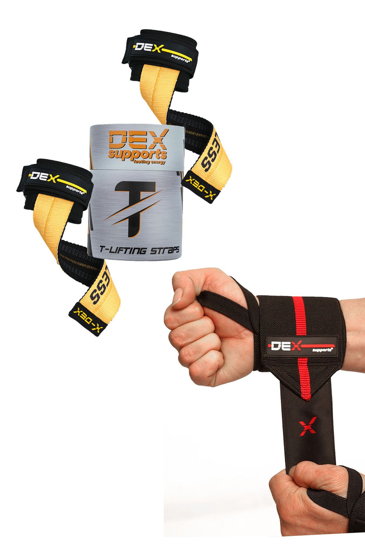 Dex Supports Lasting Energy Fitness Spor Bileklik Wrist Wraps + Halter Kayışı Lifting Straps T-GRİPS 2'Lİ Set