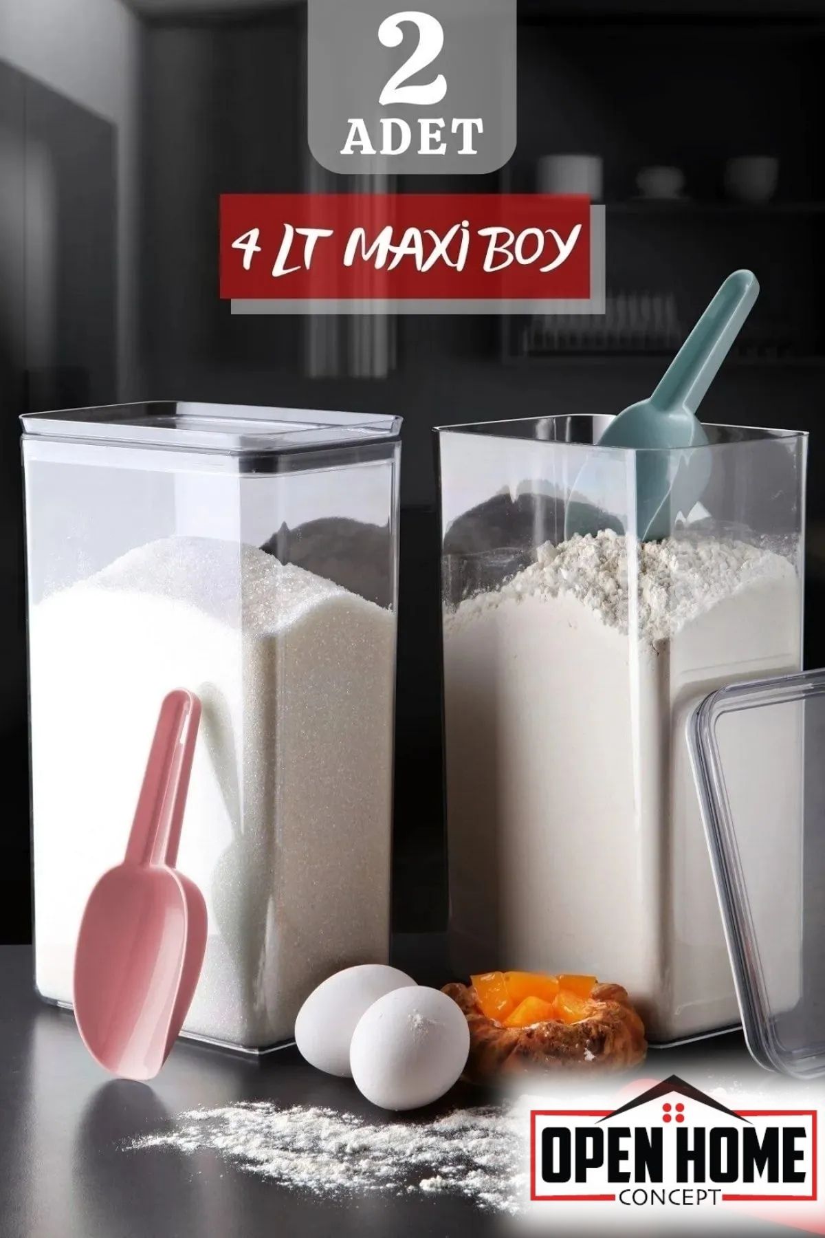 Open Home Concept 2'li Maxi Boy Dikdörtgen Silikon Conta Kapaklı Un - Şeker Kabı 4 Lt