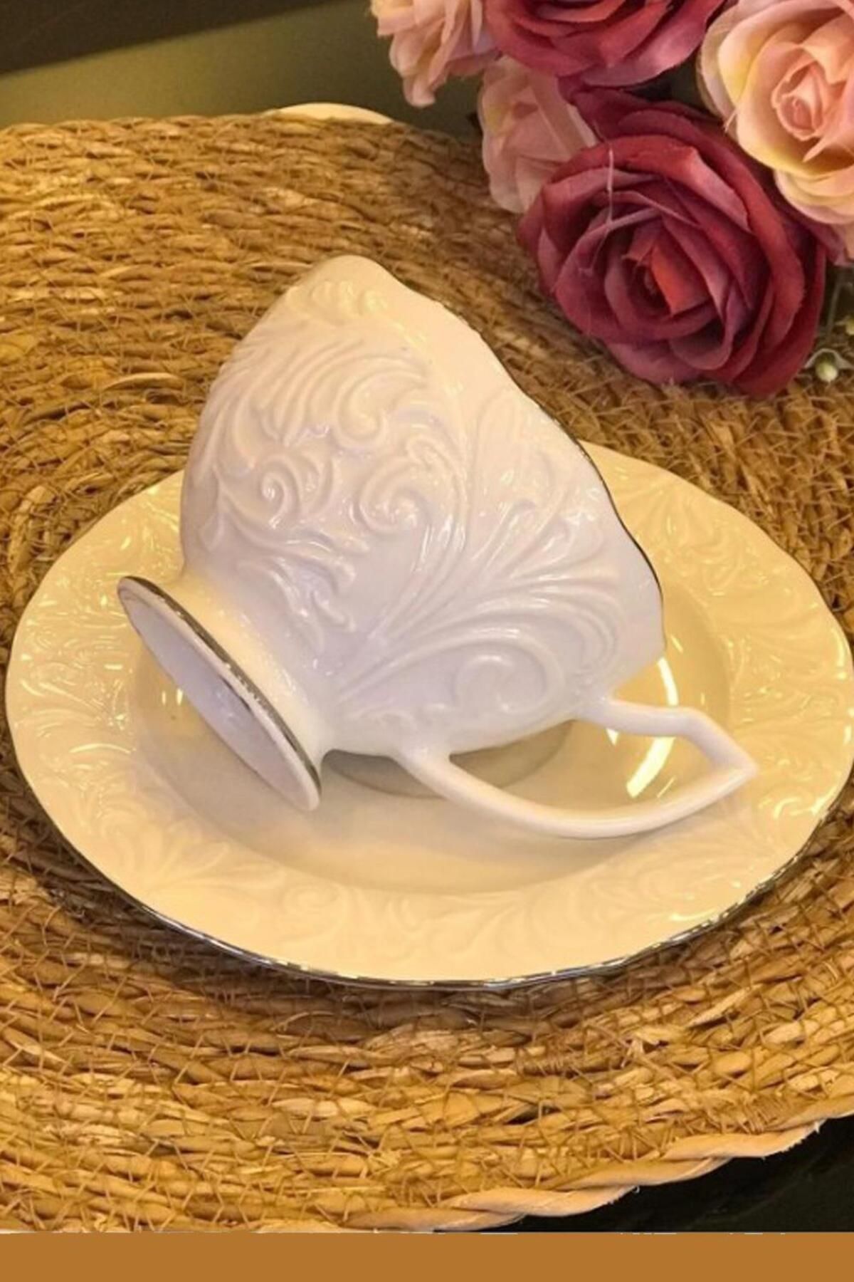 İpek Porselen Çay Fincan Takımı Platin-gümüş Yaldızlı Rosen-200