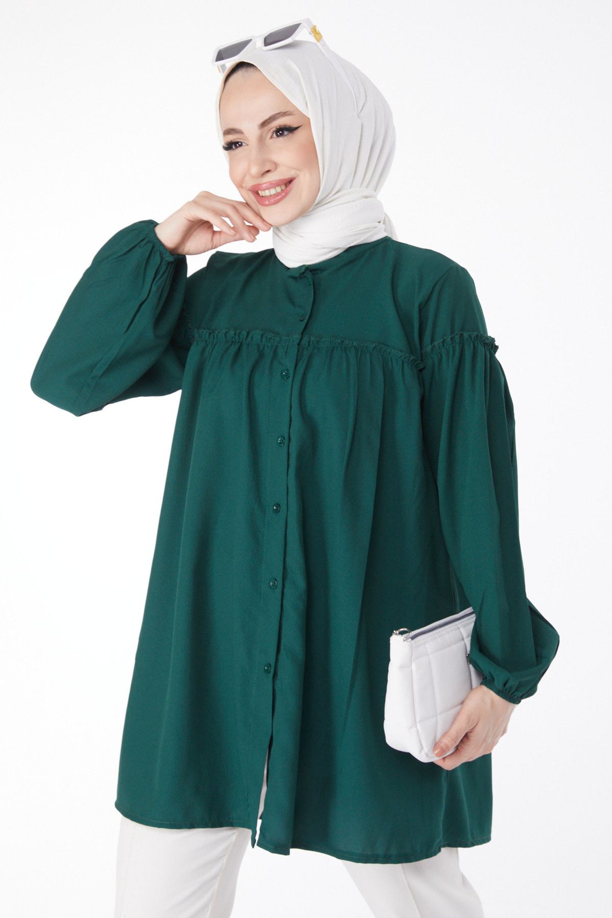 TOFİSA Düz Hakim Yaka Kadın Yeşil Büzgülü Gömlek - 13136