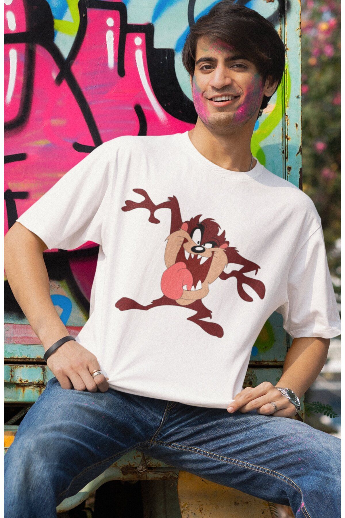 Fuddy Moda Sevimli Tazmanya Canavarı Baskılı Tişört, Erkek-Kadın Çizgi Film Karakteri Baskılı Çift T-shirt