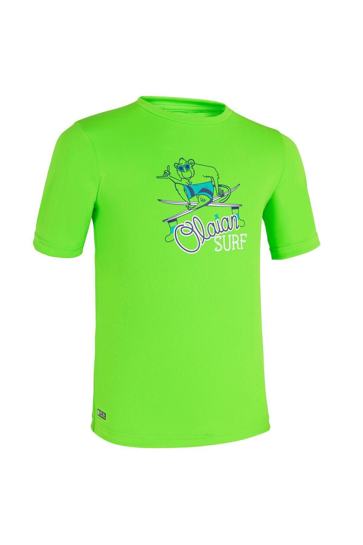 Decathlon Çocuk Slim Fit Kısa Kollu UV Korumalı Tişört - Yeşil - Desenli - 100