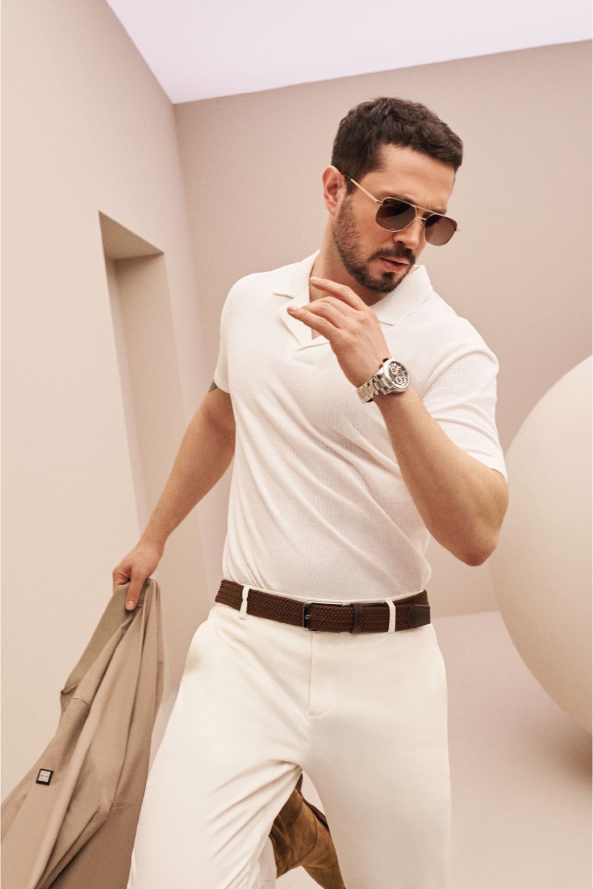 Avva Erkek Beyaz Düğmesiz Polo Yaka Kolay Ütülenebilir Mikro Desenli Regular Fit T-shirt