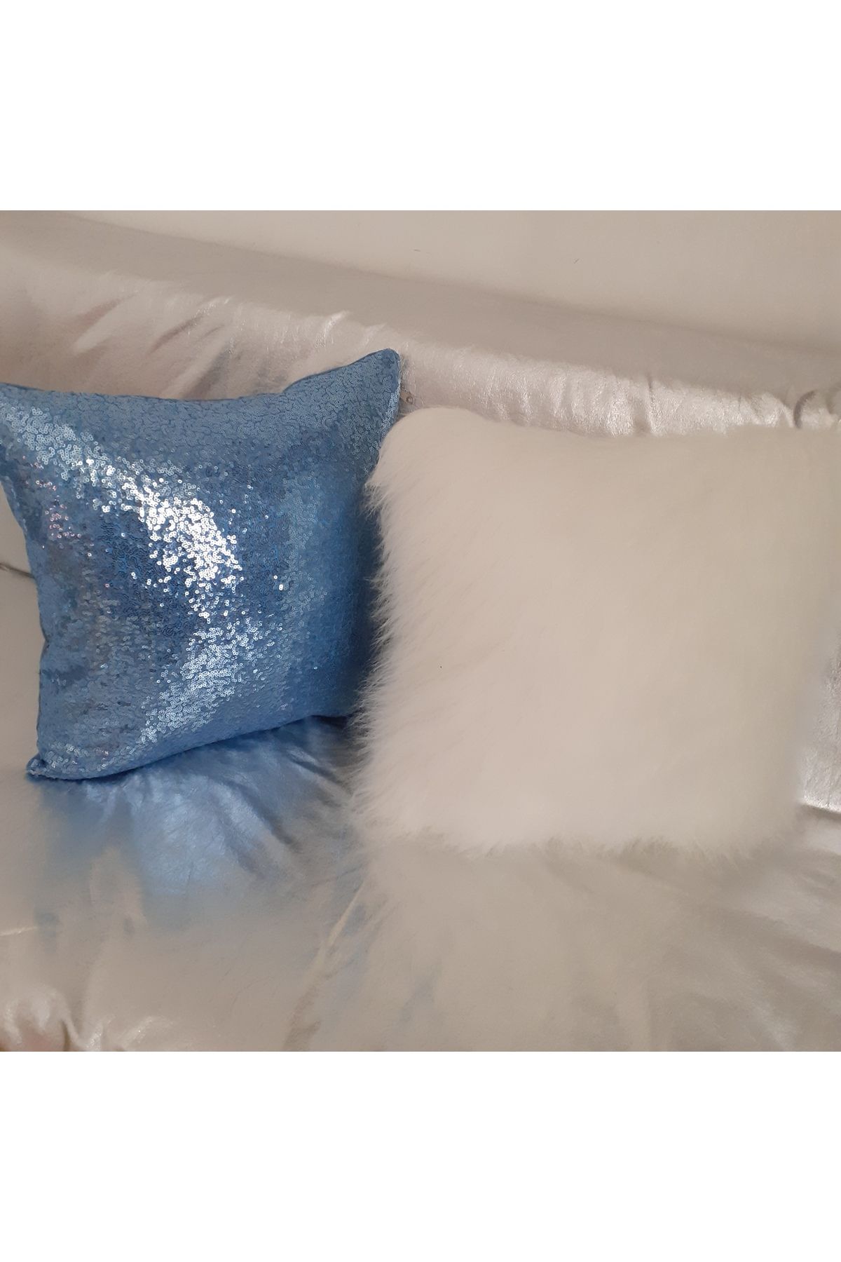 Pullu yastık design Mavi beyaz 2li