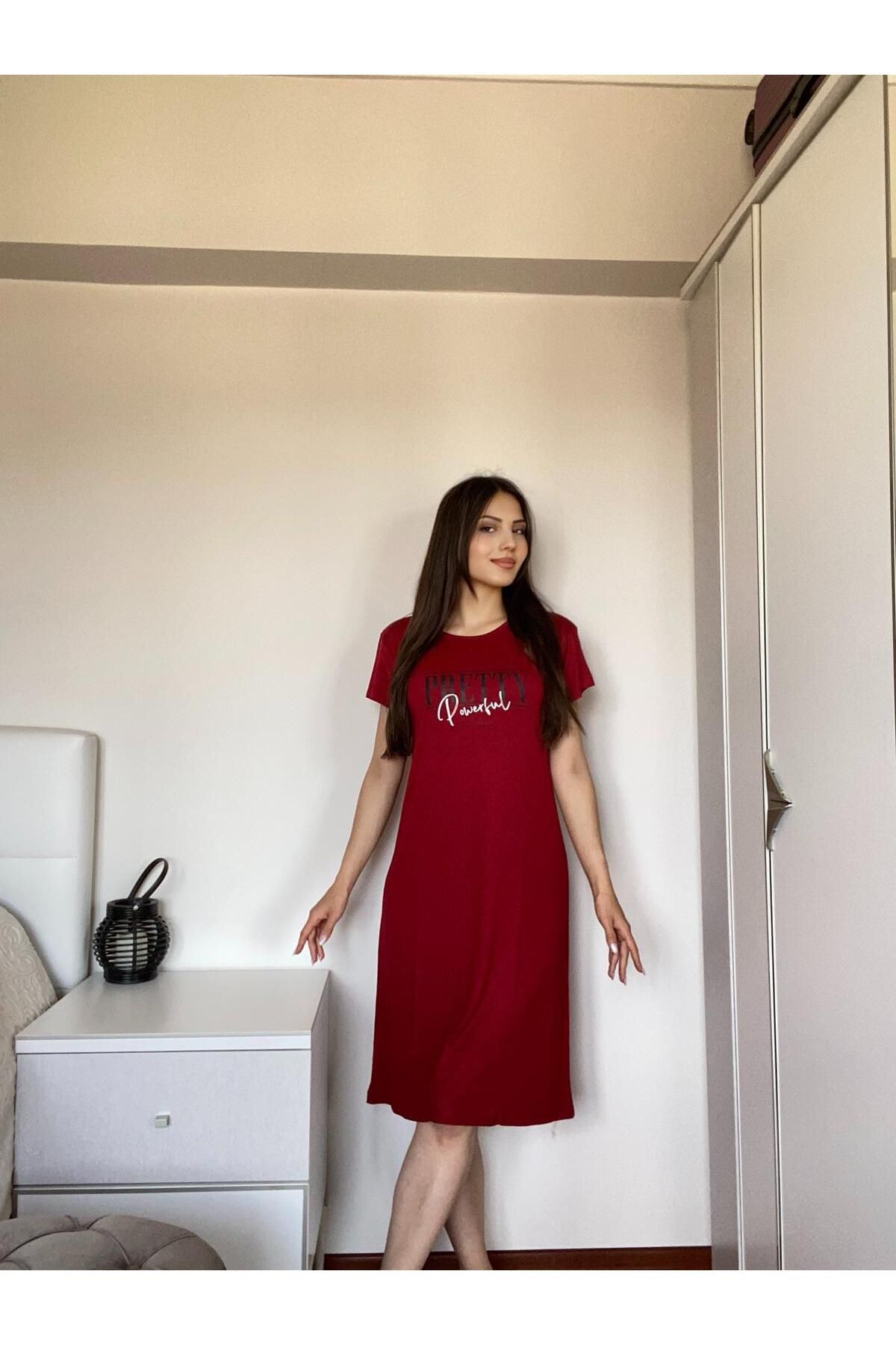 FAMES PİJAMA Yazlık Likralı Kadın Viscon Ev Giyim Elbise