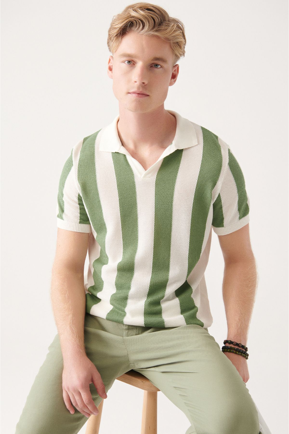 Avva Erkek Su Yeşili Düğmesiz Polo Yaka Dokulu Ve Boyuna Çizgili Ribanalı Regular Fit Triko T-shirt A31y5